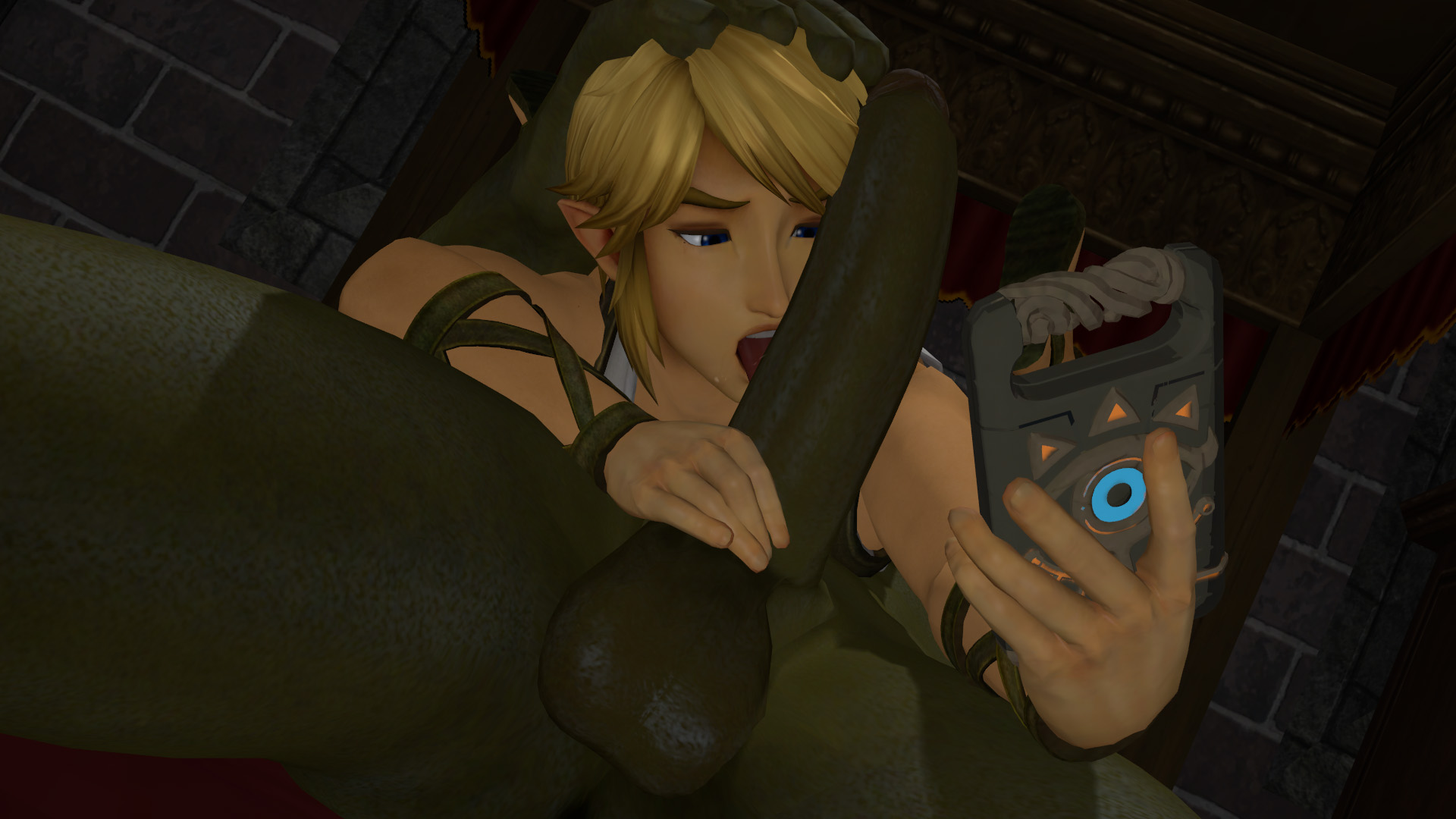 3d, big penis, boner, erection, femboy, ganondorf, gerudo, green skin, hyrule warriors, licking, licking penis, link, link (hyrule warriors), male, male only, onyx1886, oral, penis, selfie, size difference, the legend of zelda, yaoi