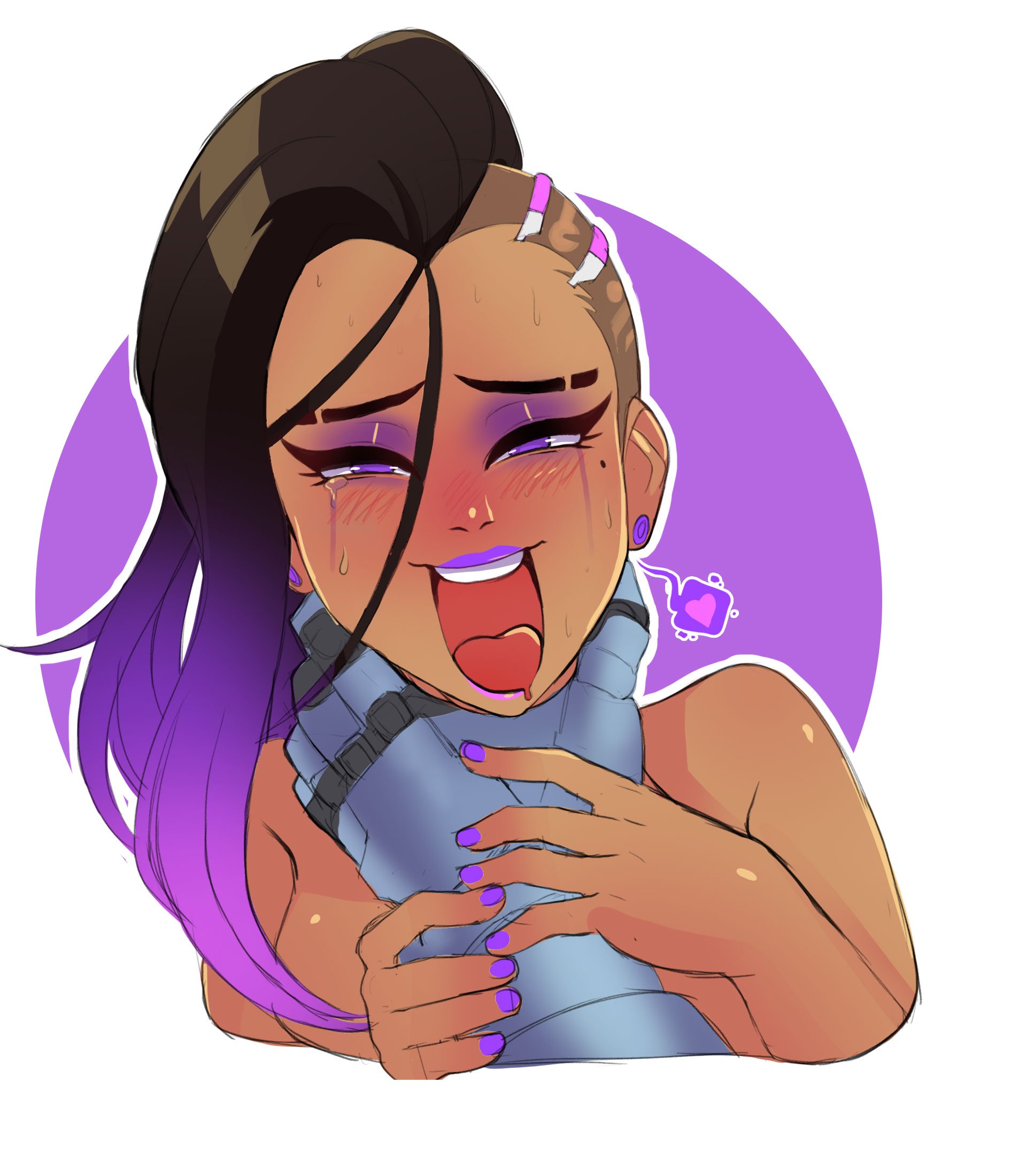 1boy, 1girls, ahe gao, asphyxiation, asymmetrical hair, black hair, blizzard entertainment, breasts, brunette, choking, cole cassidy, dark skin, dark-skinned female, disembodied hand, eye contact, eyebrow slits, eyelashes, eyeshadow, faceless male, female, greenmarine, hand on throat, happy, heart-shaped pupils, hispanic, latina, lipstick, looking at viewer, makeup, male, male pov, maledom, mascara, masochism, mexican, mole, mole under eye, multicolored hair, nail polish, naughty face, nude, open mouth, orgasm, overwatch, petite, pleasure face, pov, punk, punk girl, purple eyes, purple hair, purple lipstick, purple nails, runny makeup, seductive eyes, seductive mouth, seductive smile, shaved side, sidecut, slim, smirk, sombra, spoken heart, strangling, submissive female, sweat, tears, throat grab, tongue, tongue out, two-tone hair, undercut, white background