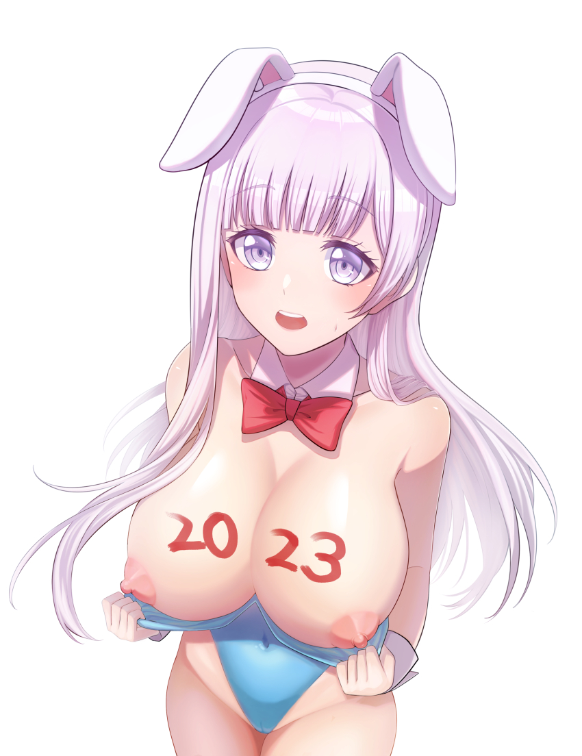 2023 big_breasts blush body_writing bowtie bunny_ears bunny_girl bunnysuit d4dj exposed_breasts izumo_saki kougami long_hair nipples pussy sweatdrop thick_thighs