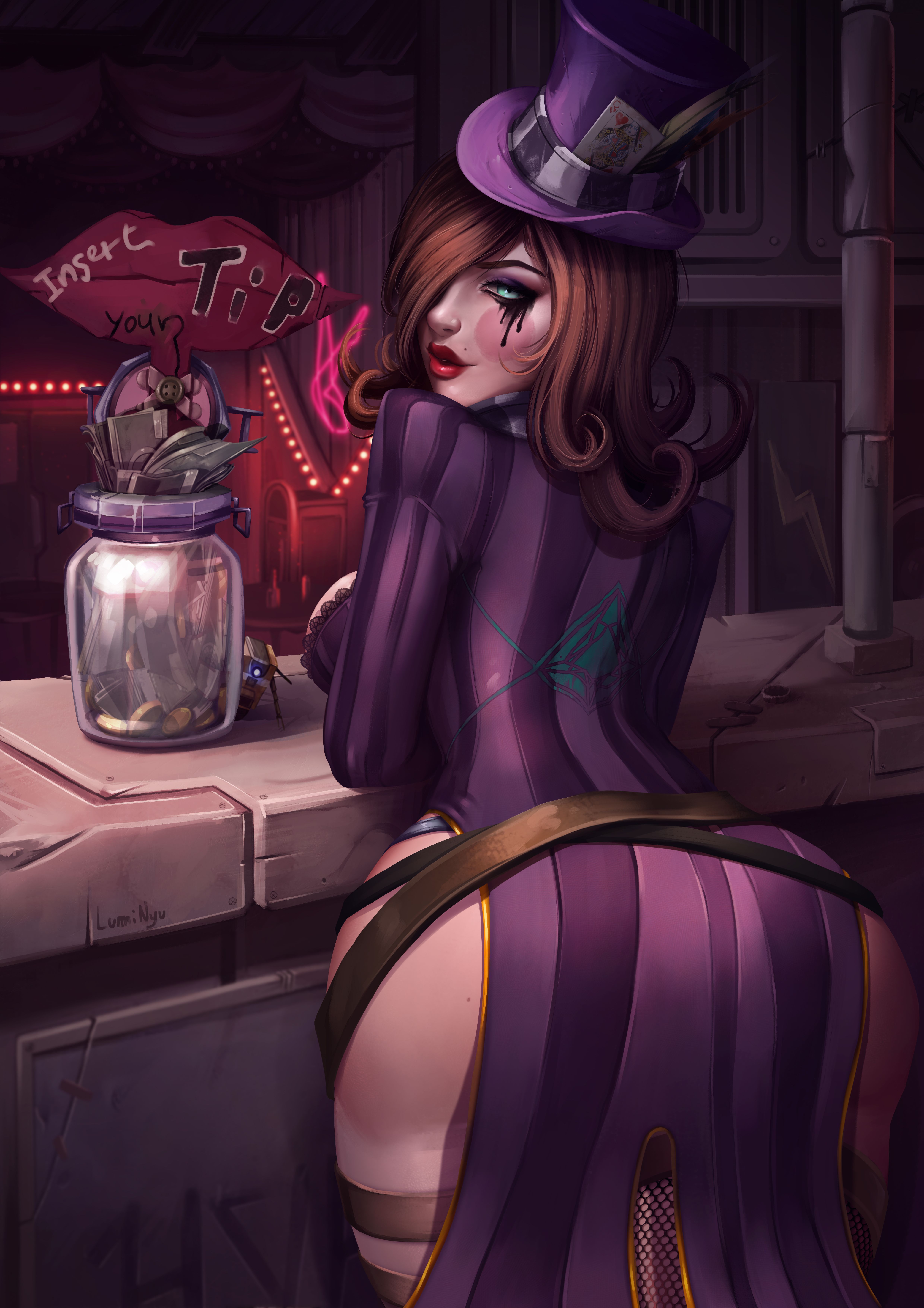 1girls, 2019, 2d, ass, back, back view, bar, big ass, big butt, blue eyes, borderlands, borderlands 2, breasts, brown hair, cleavage, clothing, facepaint, female, female only, hair, hair over one eye, hat, highres, huge ass, human, lips, lipstick, looking at viewer, looking back, luminyu, mad moxxi, makeup, milf, purple hat, red lips, red lipstick, robot, short hair, solo, solo female, solo focus, thick, thick thighs, thighs, tip jar, top hat, voluptuous