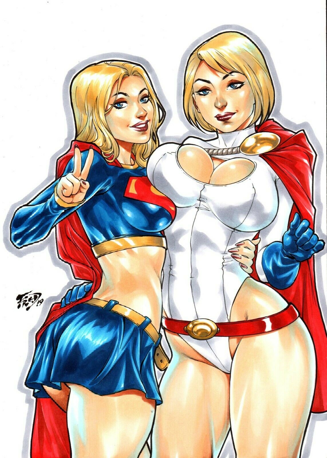 2019, 2girls, ass, belt, big breasts, blonde hair, blue eyes, breast press, breasts, cape, cleavage, cleavage cutout, dc, dc comics, ed benes studio, eyeshadow, female, female only, fred benes, hand around waist, kara zor-el, kara zor-l, lipstick, makeup, multiple females, multiple girls, naughty, pinup, power girl, selfcest, supergirl, supergirl (volume 5), superheroine, superman (series)