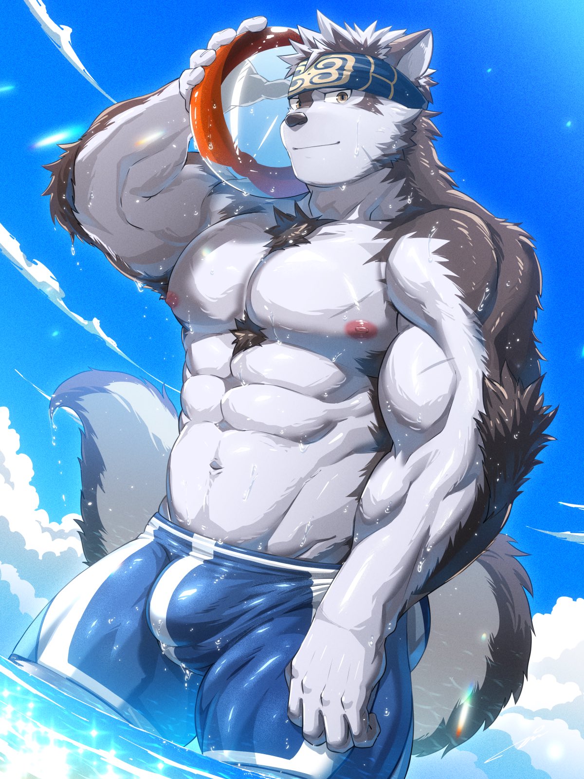 1boy abs anthro arm_tuft arms_up bandana bara beach_ball beefy biceps big_areola big_breasts black_fur black_hair black_nose bulge bulge_through_clothing canine canine_ears canine_humanoid chest_tuft cloud furry furry_only furry_tail hi_res holding_object horkeukamui humanoid looking_at_viewer male male_only mature_anthro mature_male multicolored_fur multicolored_hair muscles muscular muscular_anthro muscular_arms muscular_humanoid muscular_legs muscular_male muscular_thighs nipples pecs pink_nipples seaside short_hair smile standing standing_in_water sunlight sunny swimsuit tepen_(tptptpn) thick_arms thick_thighs tight_clothing tokyo_afterschool_summoners topless tuft underwear_only wet wet_body white_fur white_hair wolf wolf_boy wolf_tail yellow_eyes