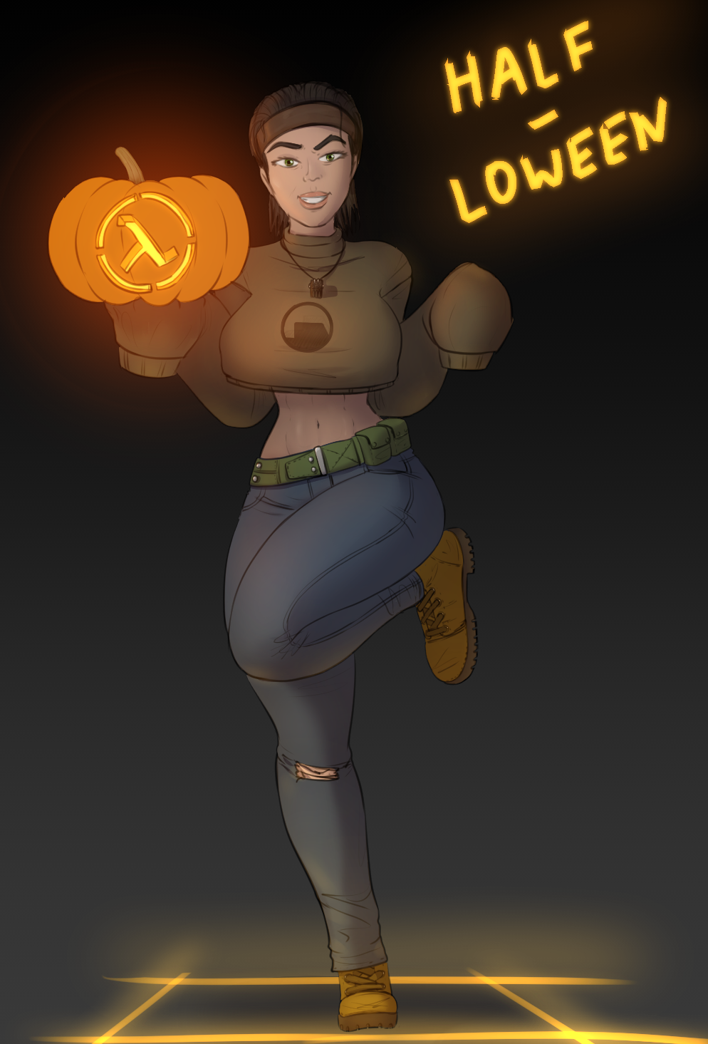 abs alyx_vance belly boots breasts child_bearing_hips clothing color curvy curvy_figure diklonius female half-life half-life:_alyx half-life_2 halloween huge_breasts jeans looking_at_viewer pumpkin short_hair sketch smiling_at_viewer thick_thighs tight_jeans voluptuous wide_hips