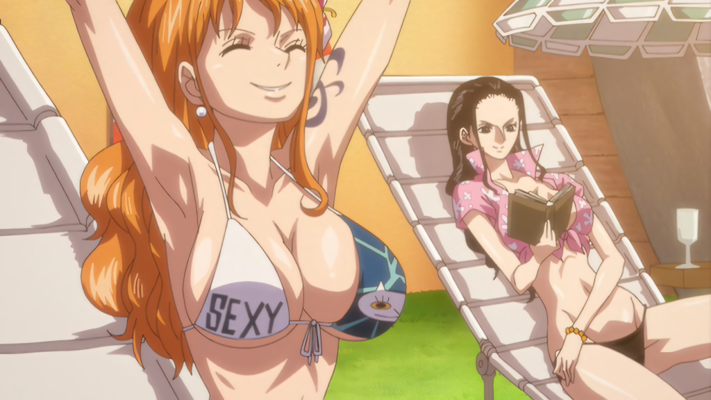 artist_request big_ass big_breasts bikini black_hair book female female_only large_ass large_breasts nami nami_(one_piece) nico_robin one_piece one_piece_film_z orange_hair screencap swimsuit tattoo wide_hips