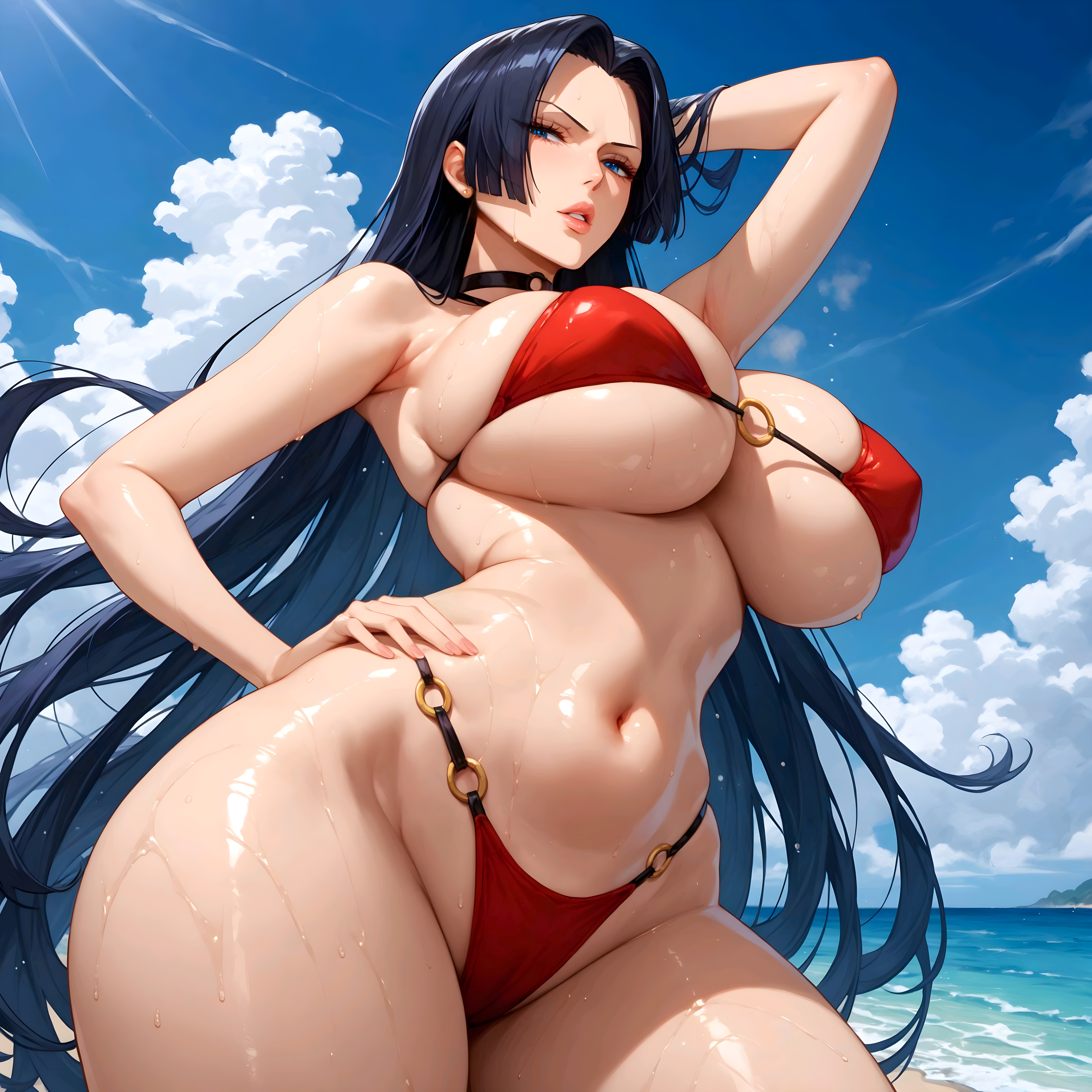 1girls, ai generated, alex-schura, arm up, beach, bikini, boa hancock, choker, female, female only, hand on hip, long hair, model pose, one piece, outdoors, skindentation, solo