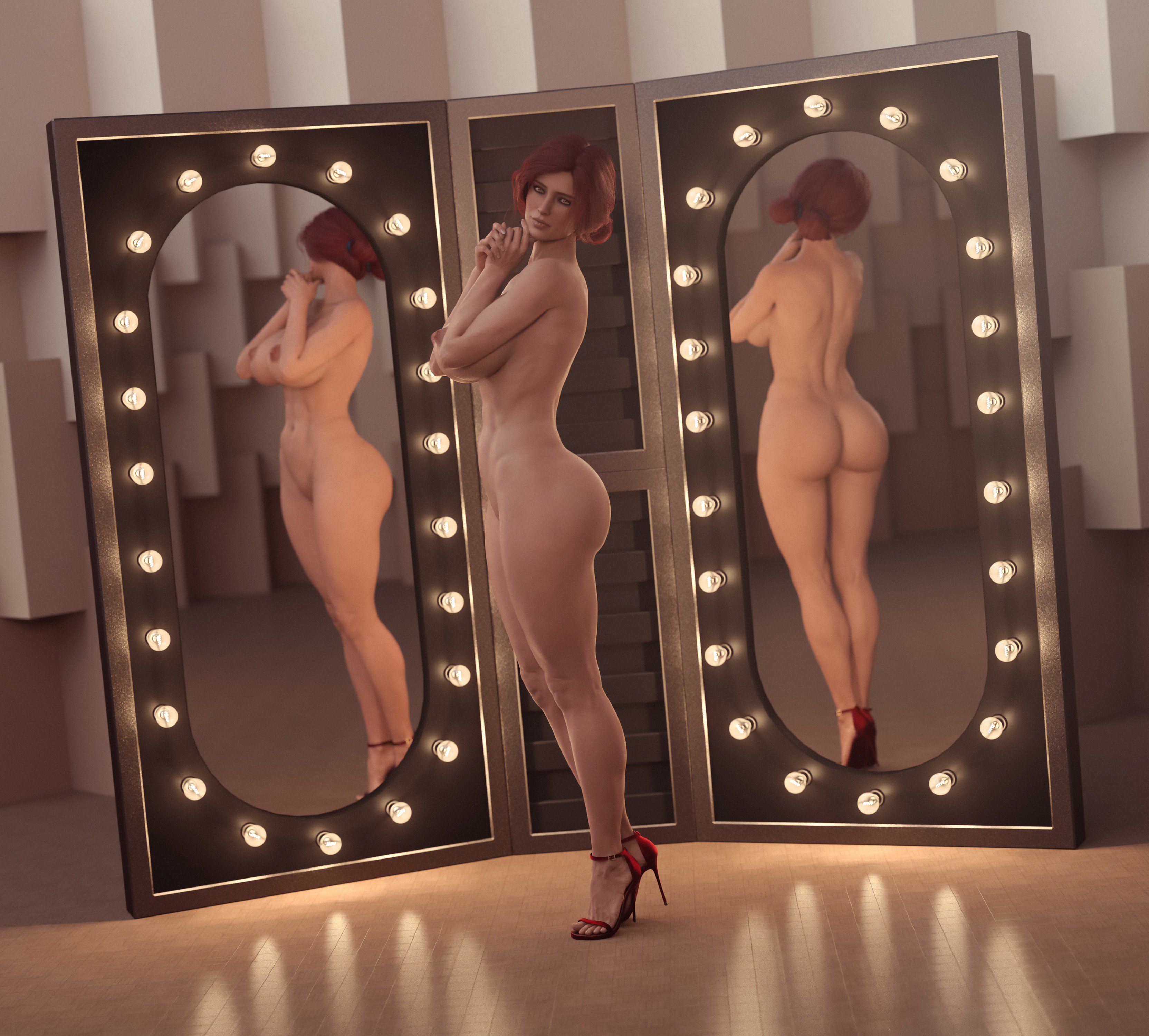 1girls, 3d, areolae, ass, breasts, cd projekt red, female, female only, high heels, naked footwear, naked heels, naked with shoes on, nipples, nude, red hair, red high heels, solo, solo female, stevencarson, the witcher, the witcher (series), the witcher 2, the witcher 3: wild hunt, triss merigold