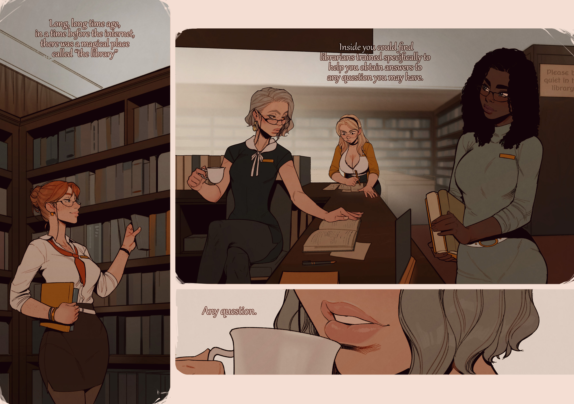 3girls, breasts, cleavage, comic, female, female only, incase, library, speech bubble, text