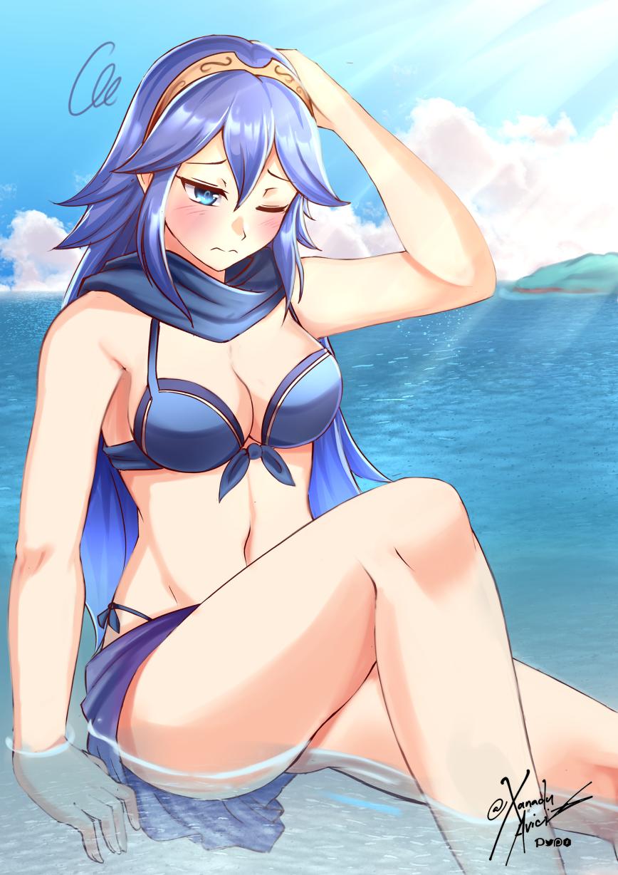 1girls, arm up, artist name, beach, bikini, blue bikini, blue eyes, blue hair, blue skirt, blush, breasts, cleavage, cloud, confused, confusion, day, female, fire emblem, fire emblem awakening, highres, island, large breasts, legs, long hair, lucina (fire emblem), medium breasts, nintendo, ocean, one eye closed, sand, sitting, skirt, sky, solo, sunlight, sunshine, swimsuit, tiara, tie, water, watermark