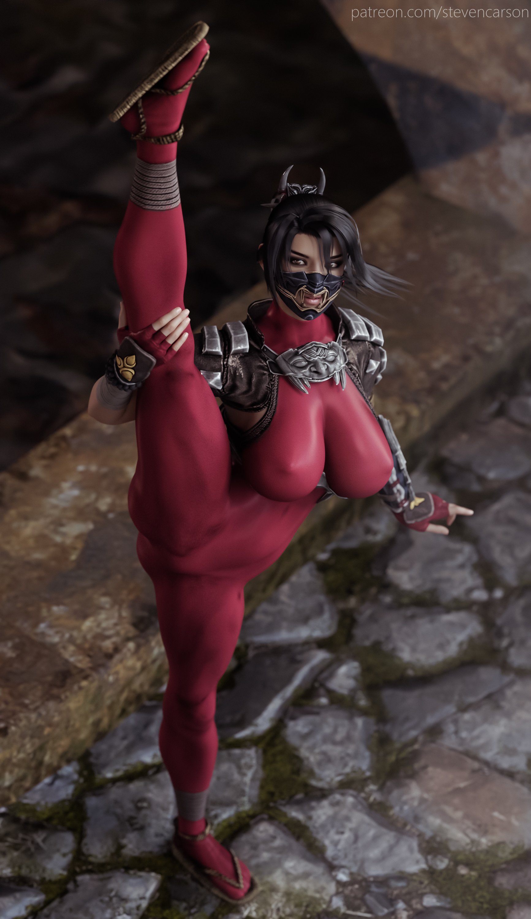 1girls, 3d, big breasts, breasts, cleavage, female, female only, large breasts, open toe shoes, solo, soul calibur, splits, spread legs, stevencarson, taki (soulcalibur), vertical splits