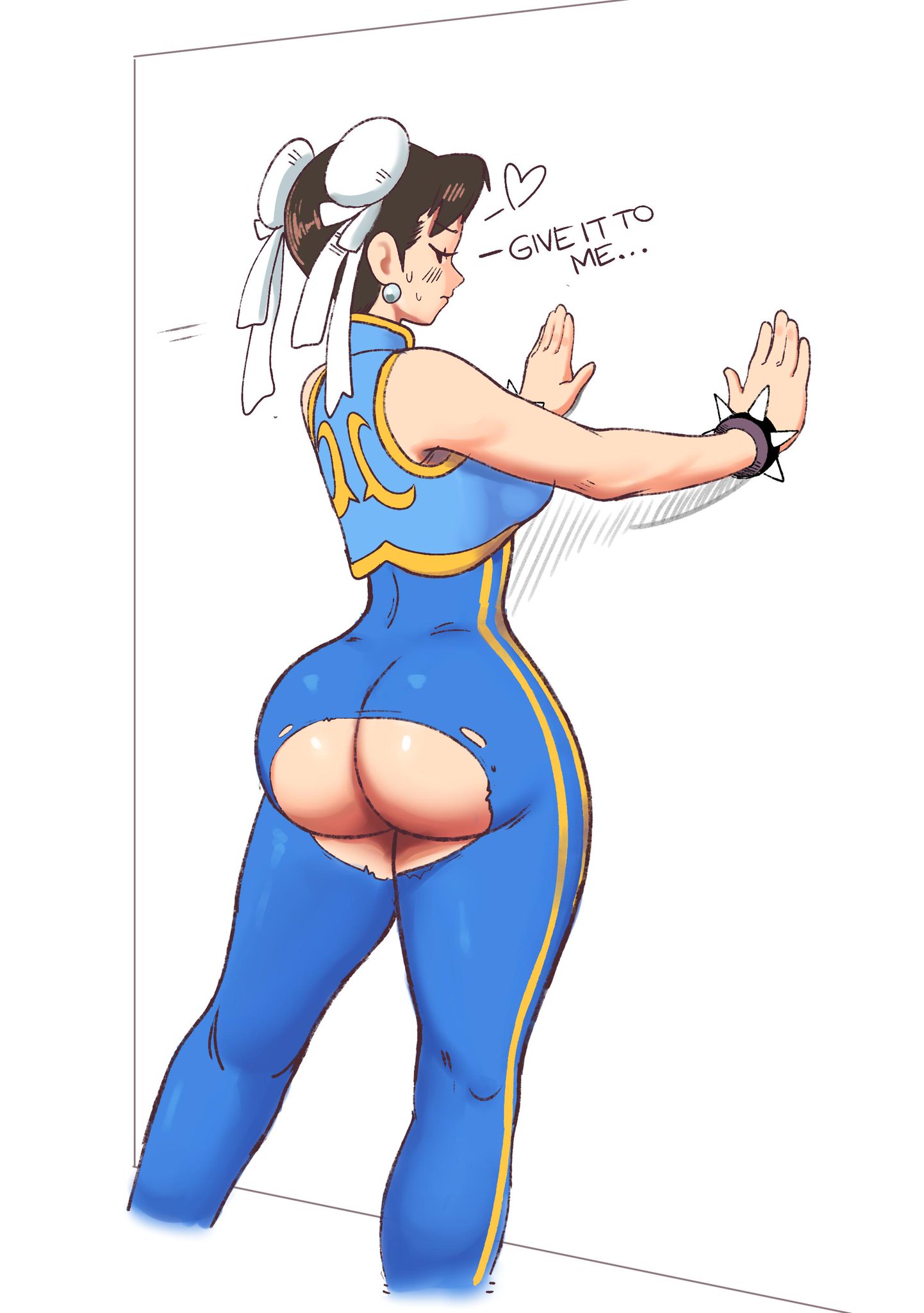 1girls, against wall, anal access, ass, big ass, buttholemagick, capcom, chun-li, clothed, dialogue, exposed ass, female, female only, highres, looking back, ripped bodysuit, ripped tights, street fighter, thirsty, torn clothes, torn clothing