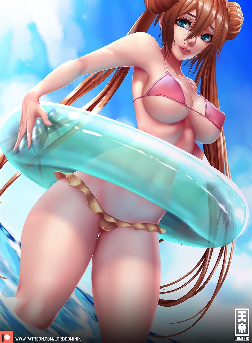 1girls abs bikini blue_eyes breasts brown_hair clothed clothing curvy female female_only hair human lord_dominik nintendo pokemon pokemon_bw pokemon_bw2 rosa_(pokemon) text url video_games water watermark