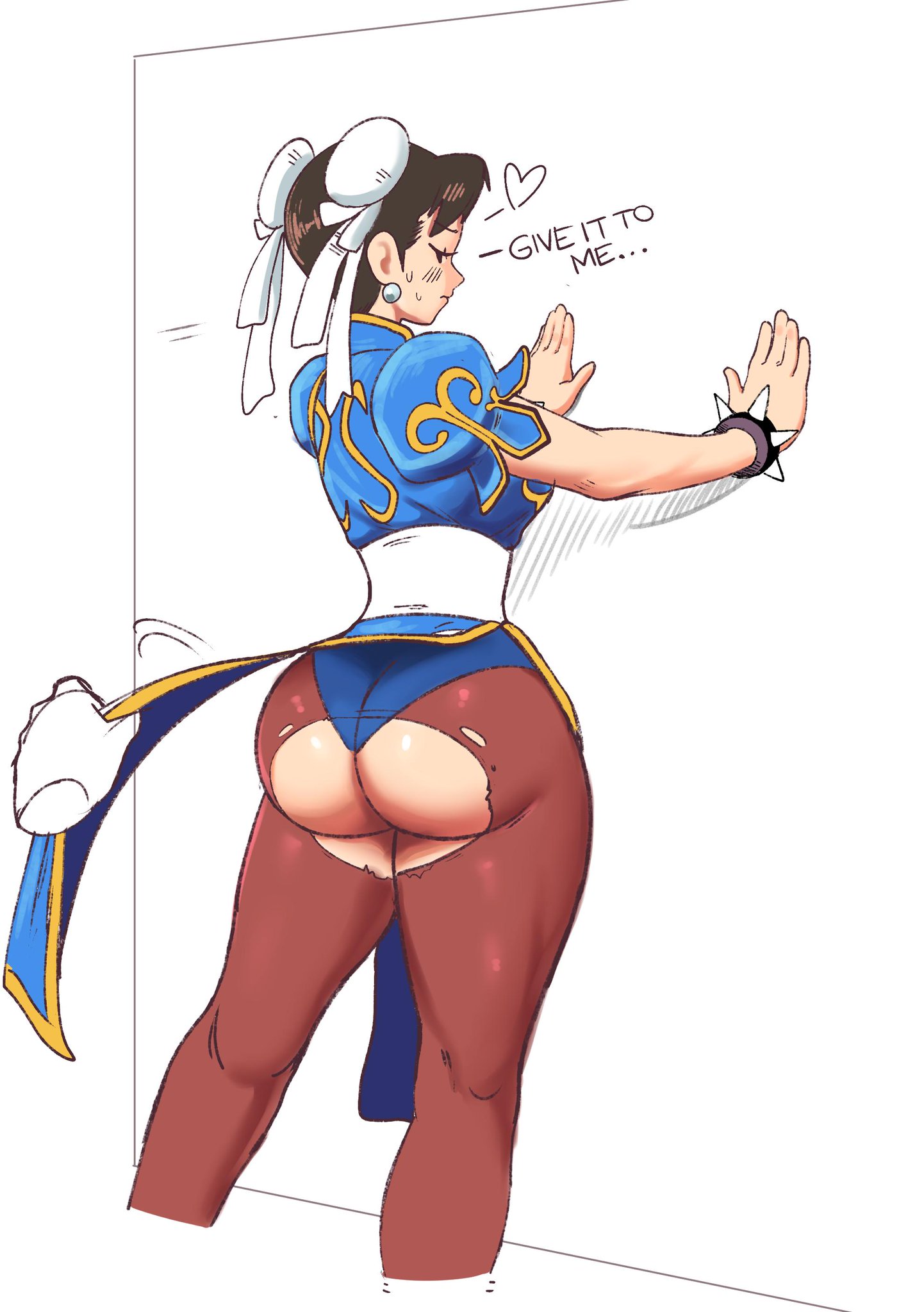 1girls, against wall, ambiguous gender, ass, back, blue panties, blue underwear, breasts, buttholemagick, capcom, chun-li, clothed, dialogue, disembodied hand, double bun, exposed ass, exposed panties, female, heart, holding, human, large ass, male, panties, pantyhose, partially colored, pov, secretly loves it, sketch, source request, standing, street fighter, street fighter ii, text, thick thighs, torn clothes, torn clothing, unseen male face, wide hips