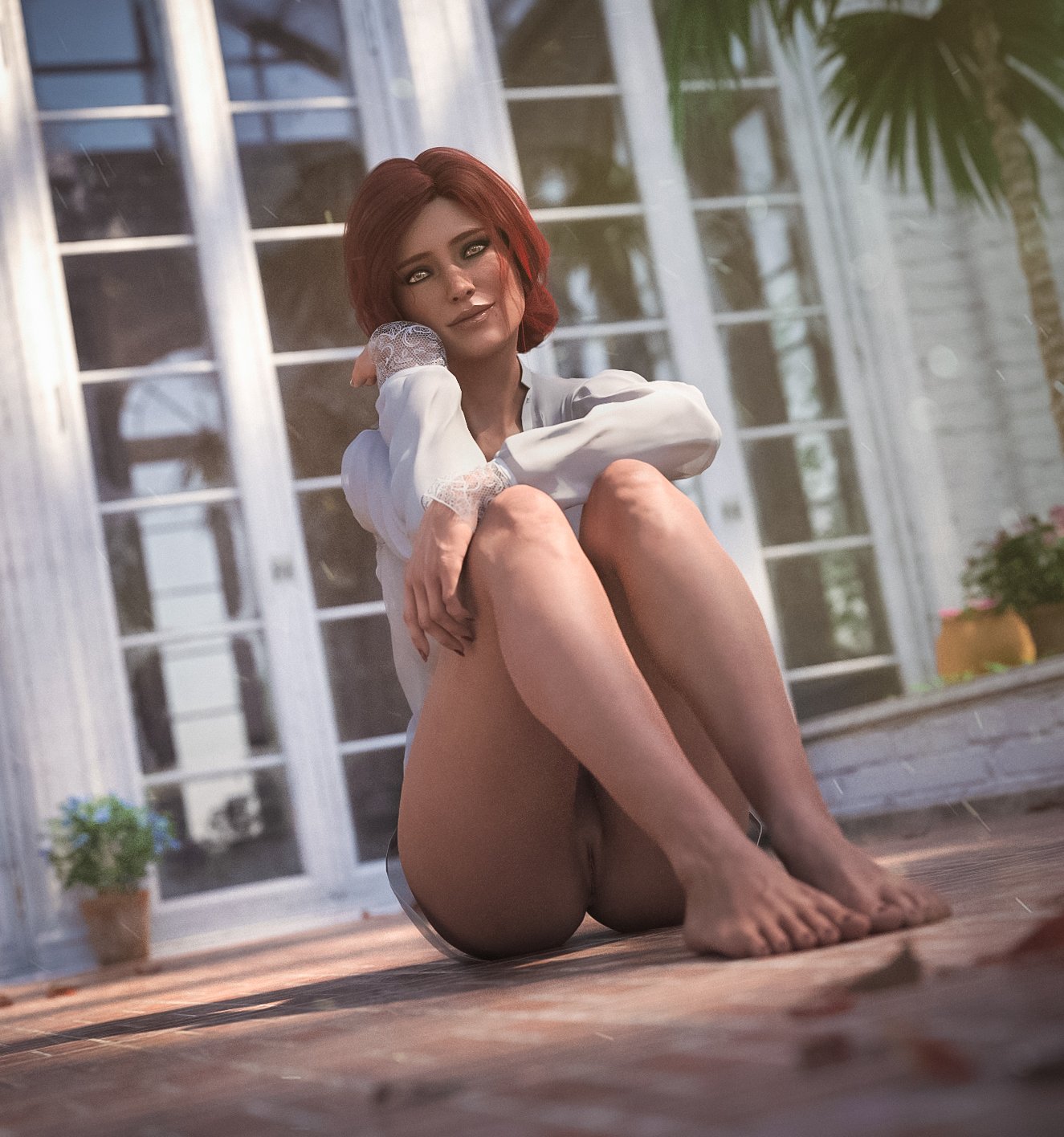1girls, 3d, ass, barefoot, bottomless skirt, cd projekt red, feet, female, female only, looking at viewer, no panties, pussy, realistic, skirt, skirt lift, solo, stevencarson, the witcher, the witcher (series), the witcher 2, the witcher 3: wild hunt, toes, triss merigold, wide hips