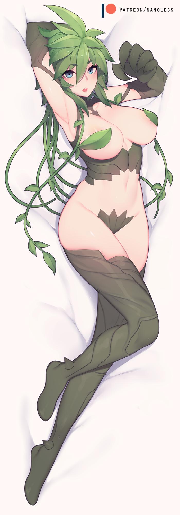1girls, big breasts, blue eyes, breasts, covered nipples, dryad, female, female only, green hair, hair, kii (monster musume), monster girl, monster musume no iru nichijou, mostly nude, nanoless, plant, plant girl, plant humanoid, solo, thighhighs, vines