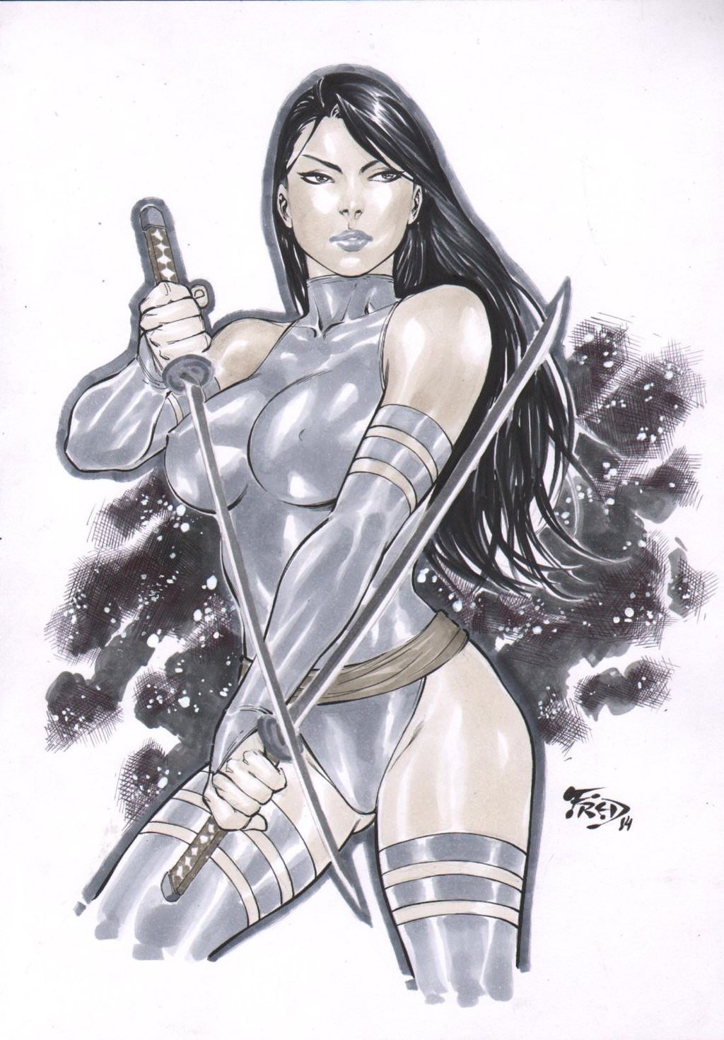 2014 abstract_background betsy_braddock big_breasts black_hair breasts busty curvy dual_wielding ed_benes_studio elizabeth_braddock excalibur_(marvel_comics) female female_only fred_benes homo_superior humanoid katana kwannon leotard marvel marvel_comics mutant nipples nipples_visible_through_clothing psylocke purple_clothing purple_lips purple_lipstick solo stockings straight_hair sword swords telepath tight_clothing voluptuous weapon weapons white_background x-men