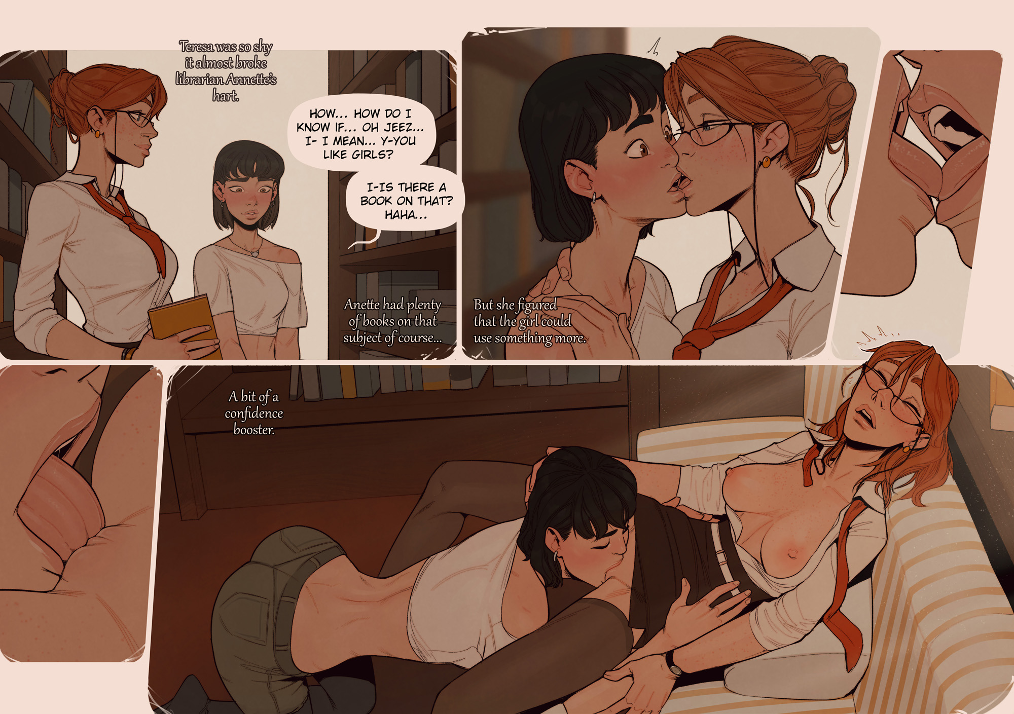 2girls, breasts, clothed, comic, crop top, cunnilingus, exposed breasts, female, female only, incase, kissing, multiple females, multiple girls, open shirt, oral, skirt, skirt lift, speech bubble, spread legs, text, thighhighs, yuri