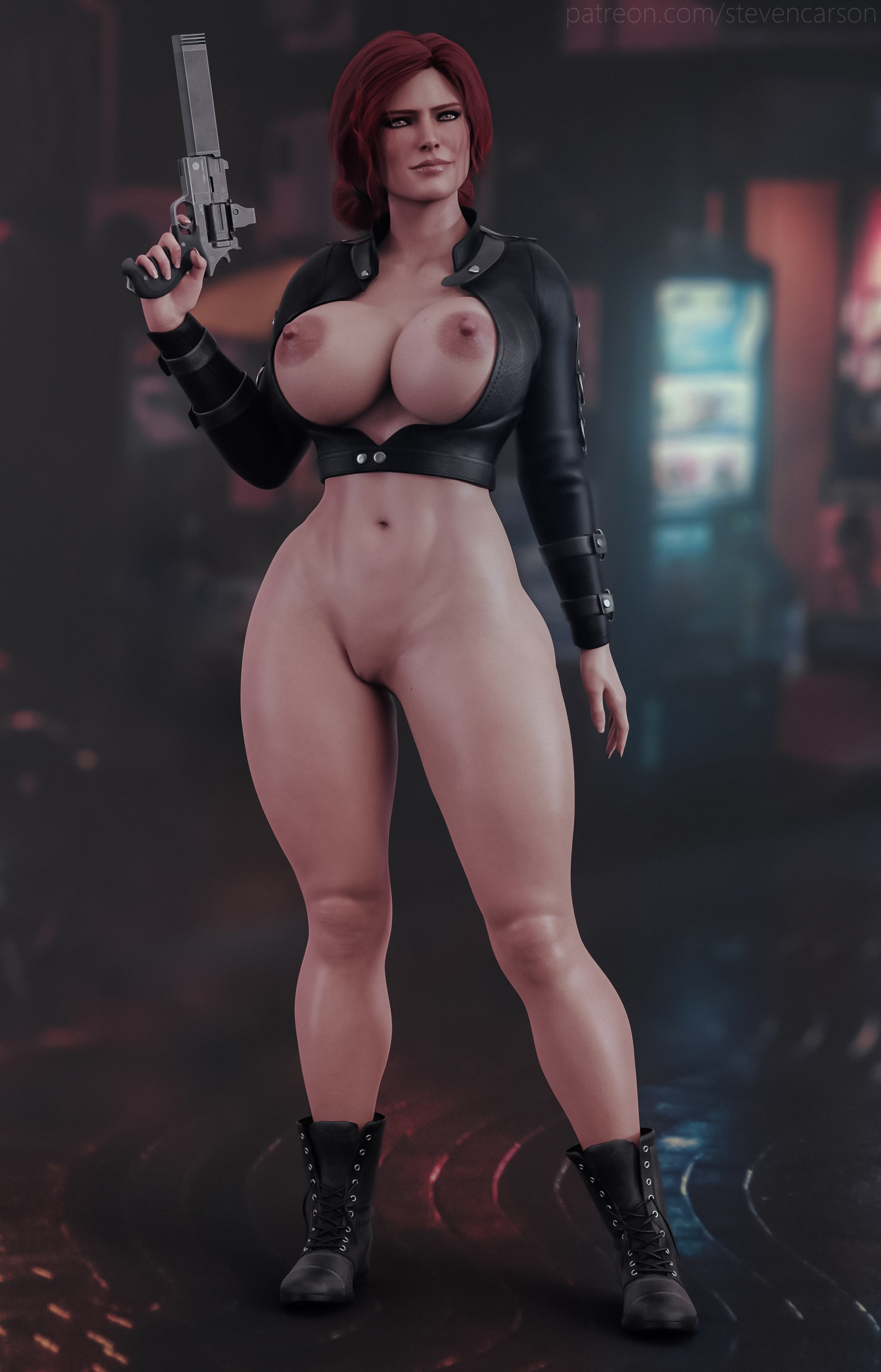 1girls, 3d, areolae, big breasts, breasts, cd projekt red, female, female only, large breasts, looking at viewer, naked footwear, nipples, pussy, solo, spread legs, standing, stevencarson, the witcher, the witcher (series), the witcher 2, the witcher 3: wild hunt, triss merigold