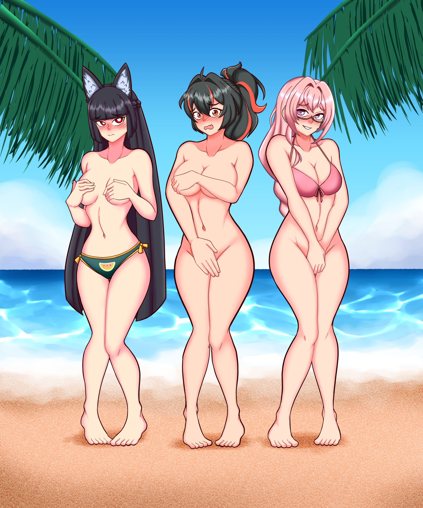 3girls, beach, blush, breasts, covering, embarrassed, female, hoshimi miyabi, nude, nude female, tagme, tsukishiro yanagi, uc-four, zenless zone zero, zhu yuan