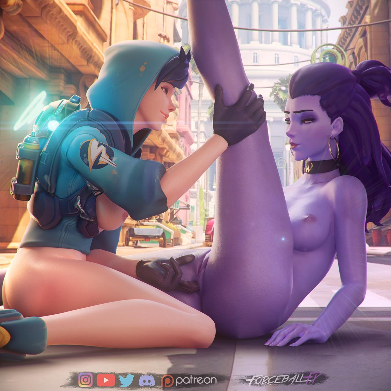 2girls 3d alternate_costume anal_fingering anal_insertion anus areolae blizzard_entertainment breasts chronal_accelerator cote_d'azur_widowmaker female female_only fingering forceballfx gold_earrings graffiti_tracer harness havana_(map) human nipples nude overwatch overwatch_2 overwatch_league pussy summer_games_series tracer widowmaker yuri