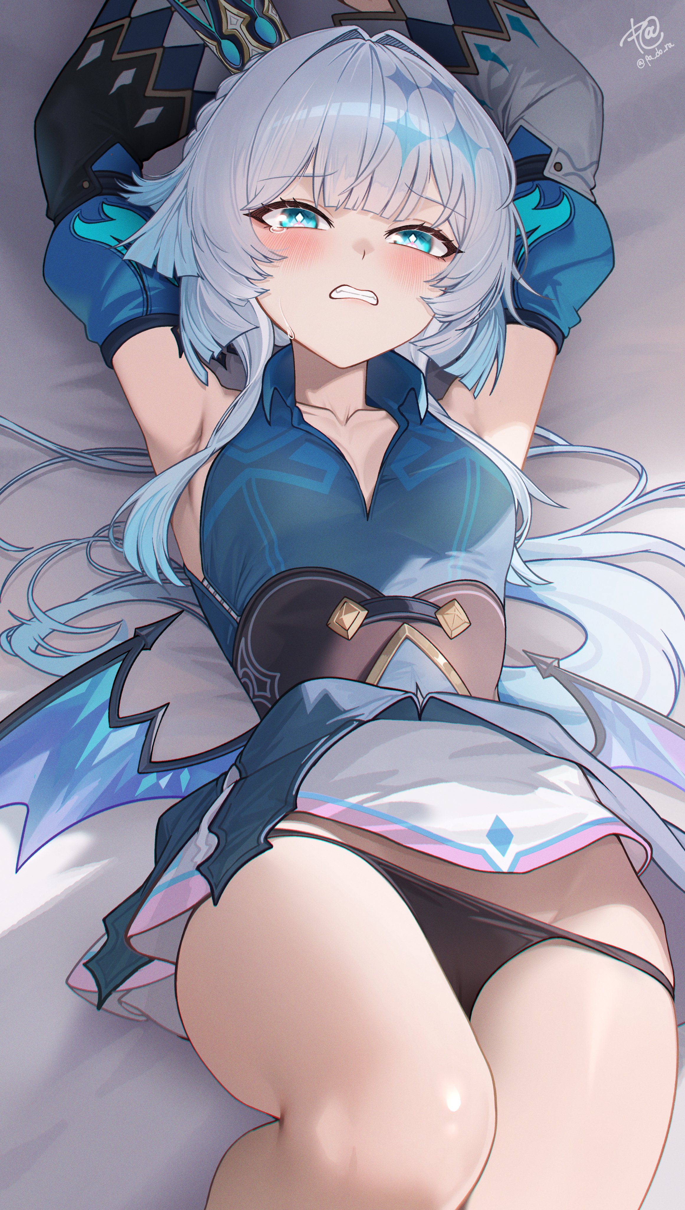 1girls, armpits, black underwear, blue eyes, cerydra (honkai: star rail), female, honkai: star rail, hoyoverse, long hair, lying on back, lying on bed, mihoyo, on bed, pa do ra, underwear, upskirt, white hair