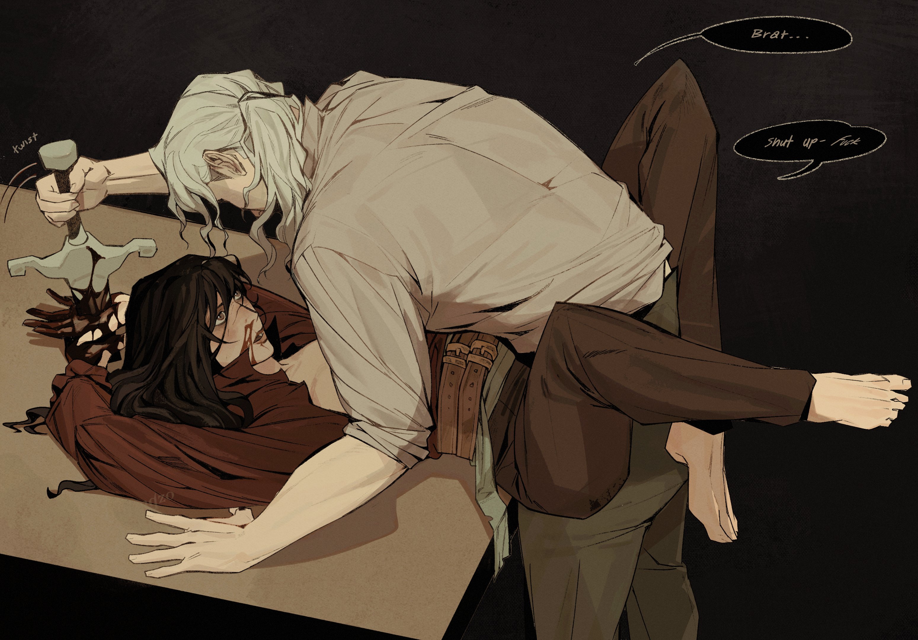 2girls, blood, bloodborne, bloody nose, clothed, clothes, clothing, dominant female, female, female focus, female only, fromsoftware, hunter (bloodborne), knife, lady maria of the astral clocktower, larger female, legs, legs apart, legs wrapped around partner, muscular, muscular female, mynqzo, older female, ponytail, shorter female, smaller female, submissive female, table, taller female, tied hair, unbuttoned, unbuttoned shirt, younger female, yuri