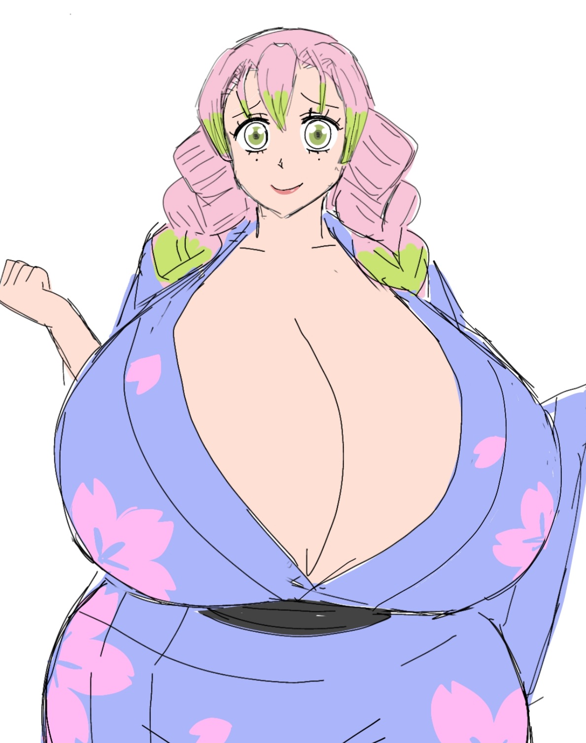 1girls, 2d, 2d (artwork), alternate body type, alternate breast size, big breasts, breasts, breasts bigger than head, busty, busty female, curvy, curvy body, curvy female, curvy figure, demon slayer, digital drawing (artwork), digital media (artwork), female, female focus, female only, green eyes, green-eyed female, huge breasts, japanese, japanese clothes, japanese clothing, japanese female, kanroji mitsuri, kimetsu no yaiba, large breasts, long hair, long-haired female, mature, mature woman, momiji (artist), pink hair, robe, simple background, solo, solo female, solo focus, two-tone hair, upper body, white background