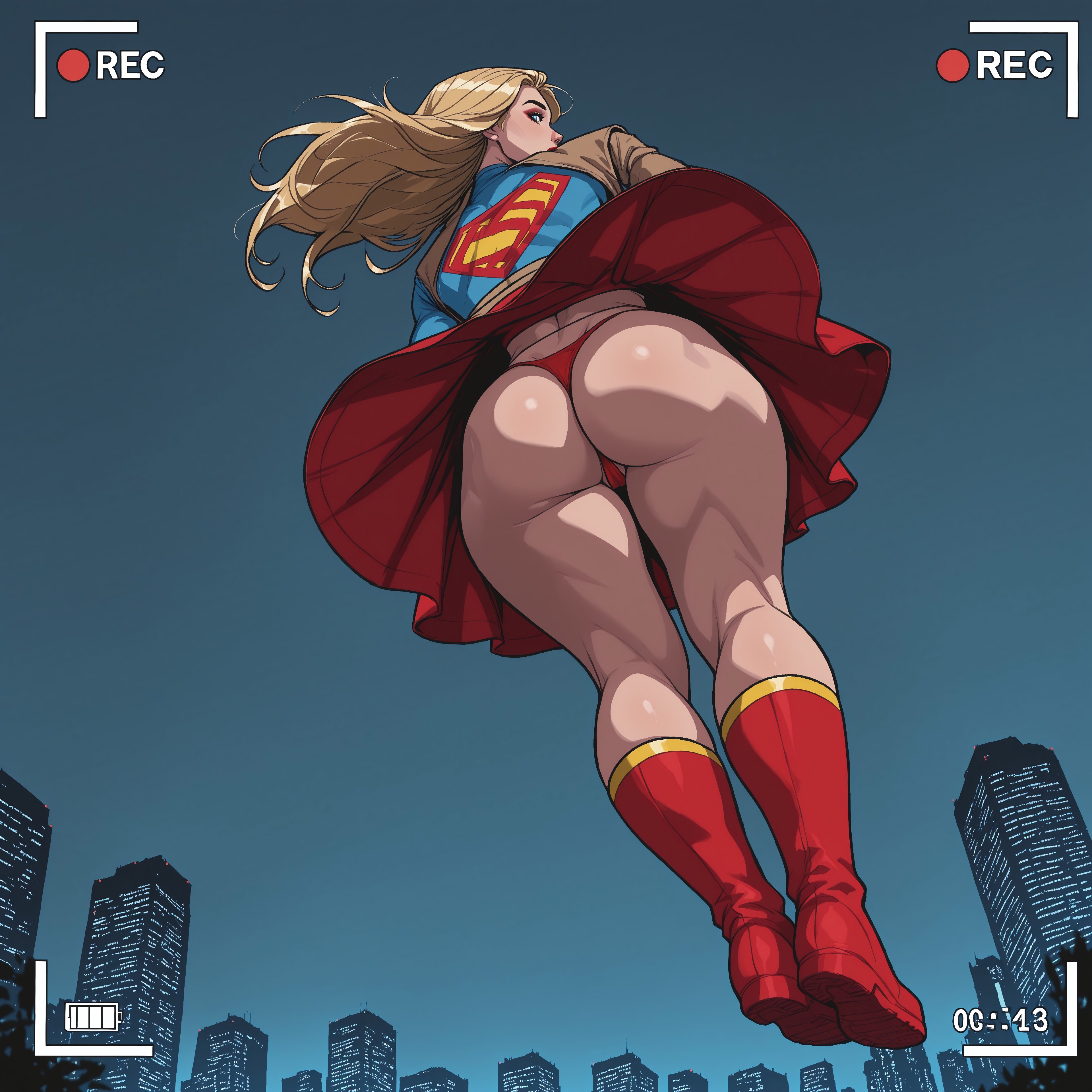 ai generated, battery indicator, big ass, big butt, big thighs, blonde female, blonde hair, blue eyes, boots, brown coat, calf boots, civitai, coat, creepshot, dc, dc comics, fat ass, fat butt, female, flying, focus, focus on ass, focus on butt, kara danvers, kara zor-el, long hair, looking at camera, looking at viewer, looking back, looking back at viewer, matingpresslover, muscular, muscular female, muscular legs, muscular thighs, recording, recording on phone, recording video, red boots, red skirt, red thong, skirt, supergirl, superhero, superheroine, superman (series), thong, upskirt, video camera, video recording, wide hipped female, wide hips, wide thighs