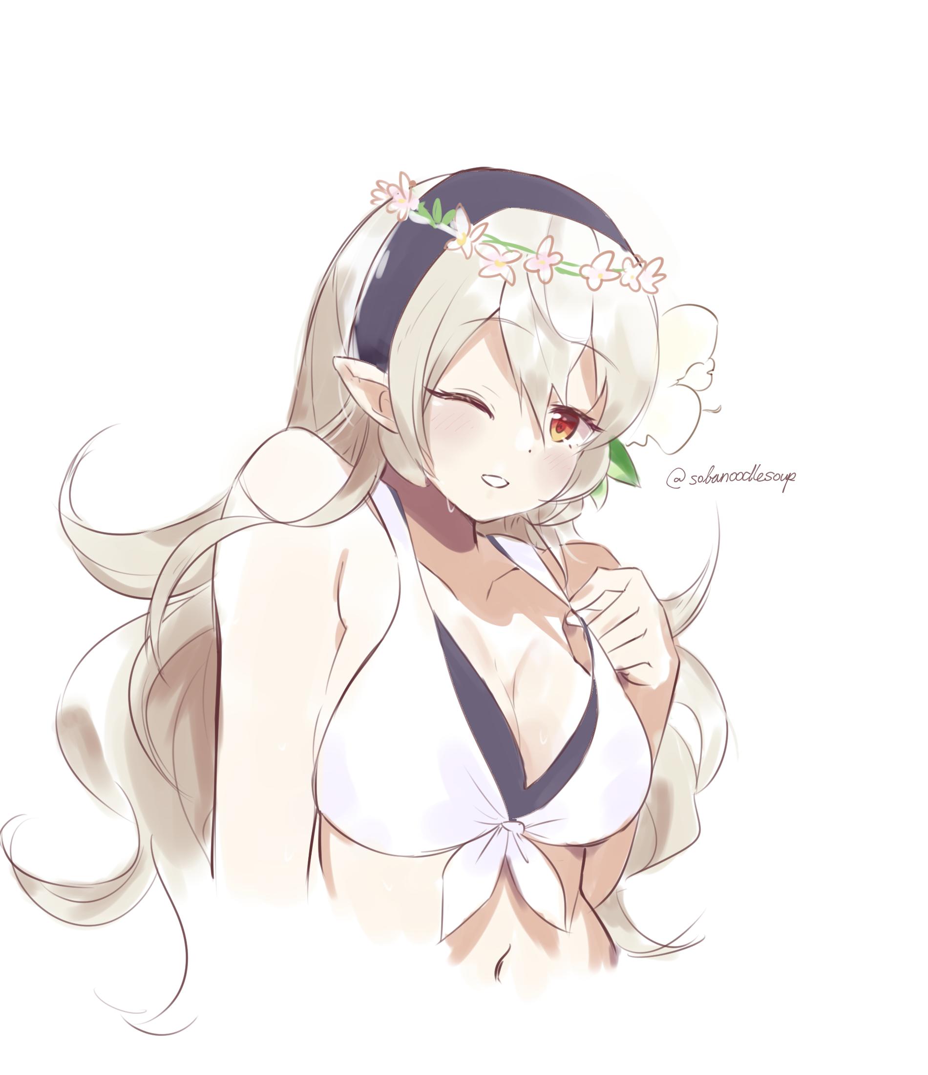 artist name, bikini, bikini top, blush, breasts, cleavage, corrin (fire emblem), corrin (fire emblem) (female), cute, eyebrows visible through hair, female, fire emblem, fire emblem fates, fire emblem heroes, flower, hair ornament, hairband, headpiece, holding, holding bikini top, large breasts, long hair, looking at viewer, manakete, medium breasts, nintendo, one eye closed, pointy ears, red eyes, simple background, smile, sobanoodlesoup, solo, swimsuit, teeth, tiara, tie, underwear, upper body, watermark, wet, white background, white hair