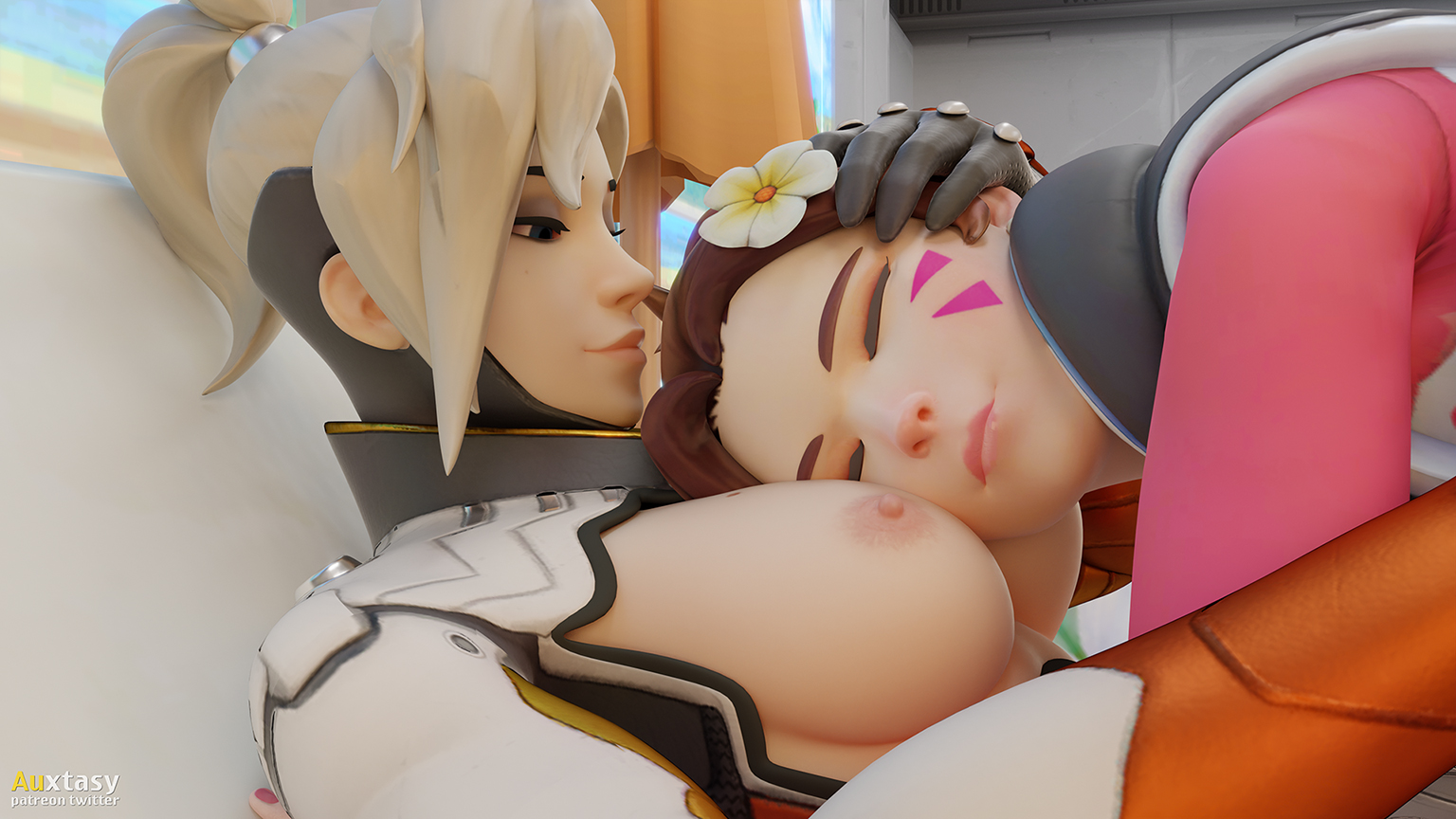 2girls, 3d, alternate costume, auxtasy, blender, cuddling, d.va, female, female only, mercy, nipples, overwatch, waveracer d.va, wholesome, yuri