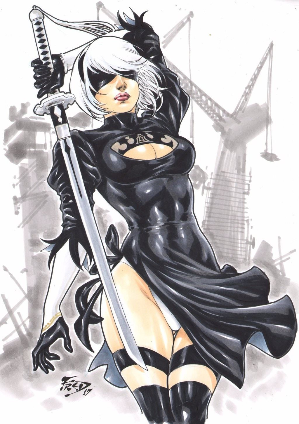 2017 big_breasts black_blindfold black_clothes black_clothing black_gloves black_headband black_stockings blindfold breasts cleavage cleavage_cutout construction construction_site crane_(machine) curvy dated dress dress_aside dress_pull ed_benes_studio female female_only fred_benes gloves gynoid headband holding_weapon minidress nier nier:_automata panties red_lips red_lipstick robot_girl ruins short_hair signature sleeves solo stockings sword thick_thighs tight_clothes tight_clothing voluptuous weapon white_background white_hair white_panties white_sleeves yorha_2b