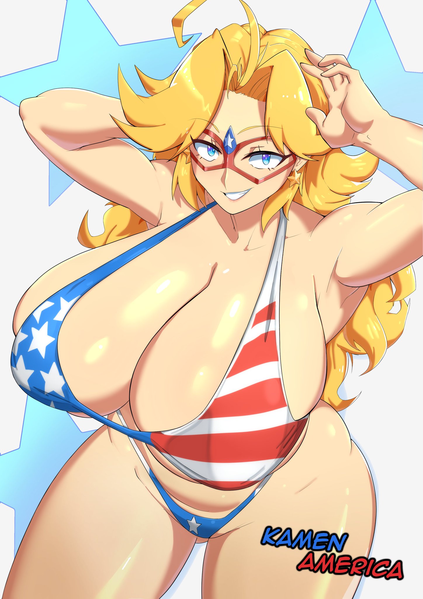 blonde hair, blue eyes, breasts, charlotte vanders, female, kamen america, light skin, light-skinned female, thighs