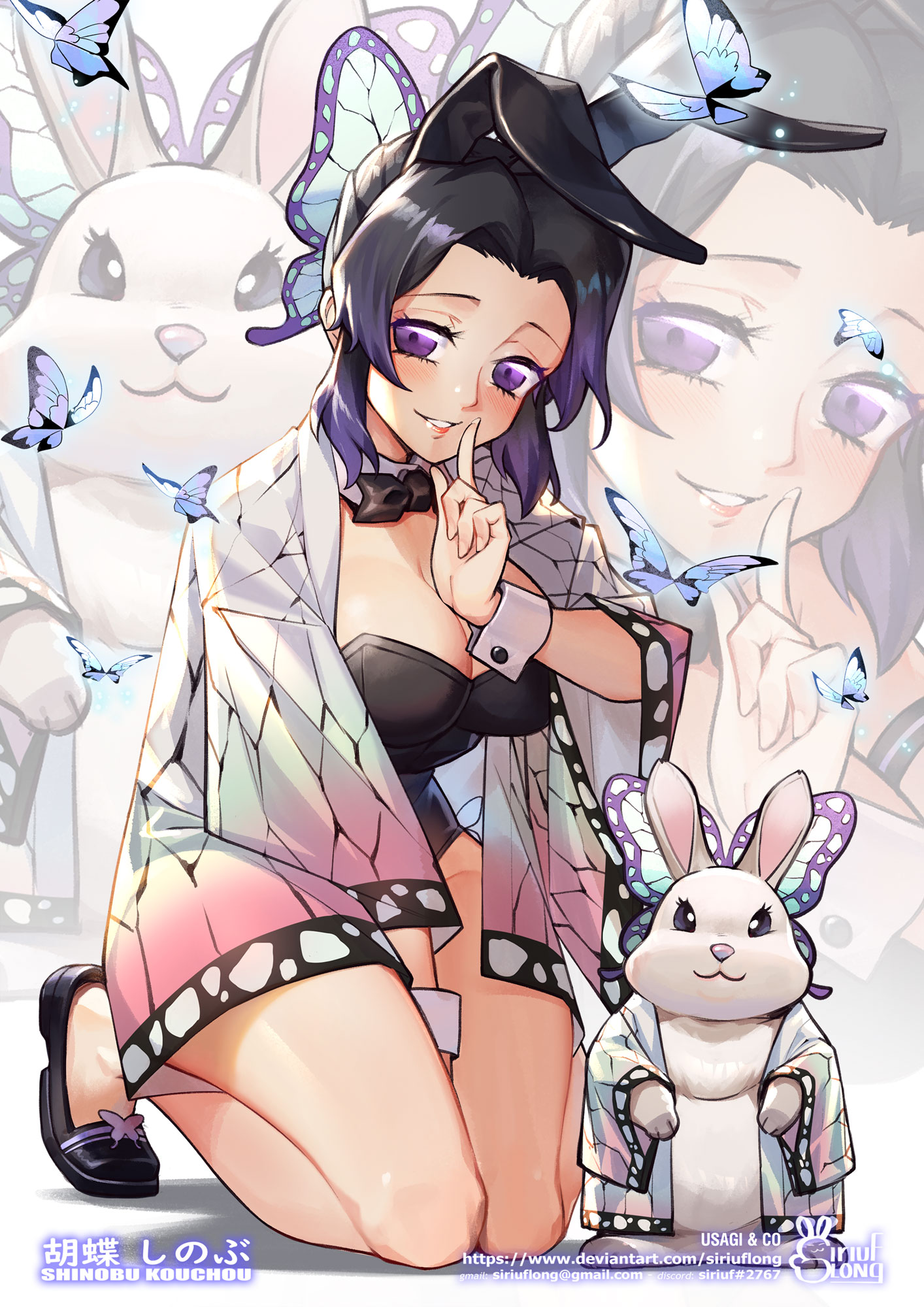 1girls, alternate costume, animal, animal ears, animal print, artist logo, artist name, bare legs, between legs, black bow, black bowtie, black hair, black shoes, blush, bow, bowtie, breasts, bug, butterfly, butterfly hair ornament, butterfly print, character name, cleavage, clothed animal, commentary, demon slayer, detached collar, deviantart username, email address, english text, fake animal ears, female, female only, finger to mouth, forehead, gradient hair, hair ornament, hand between legs, haori, highres, index finger raised, japanese clothes, kimetsu no yaiba, kneeling, kochou shinobu, lips, lipstick, logo, looking at viewer, makeup, medium breasts, multicolored hair, no socks, parted bangs, parted lips, purple eyes, purple hair, purple-haired female, rabbit, rabbit ears, shoes, short hair, simple background, siriuflong, smile, solo, thighs, two-tone hair, watermark, web address, white background, wide sleeves, wrist cuffs, zoom layer