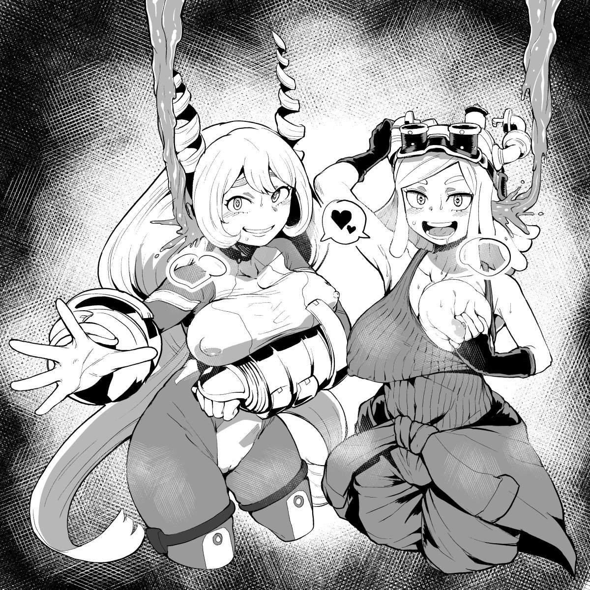 2girls, arm under breasts, armpits, big breasts, breast grab, breast press, breasts, breasts bigger than head, female, heart symbol, long hair, mei hatsume, mind control, my hero academia, nejire hado, nejire hado (hero outfit), one breast out, pullover, pussy, r-one, slime, smiling, smiling at viewer, steampunk goggles, tight clothing, voluptuous female