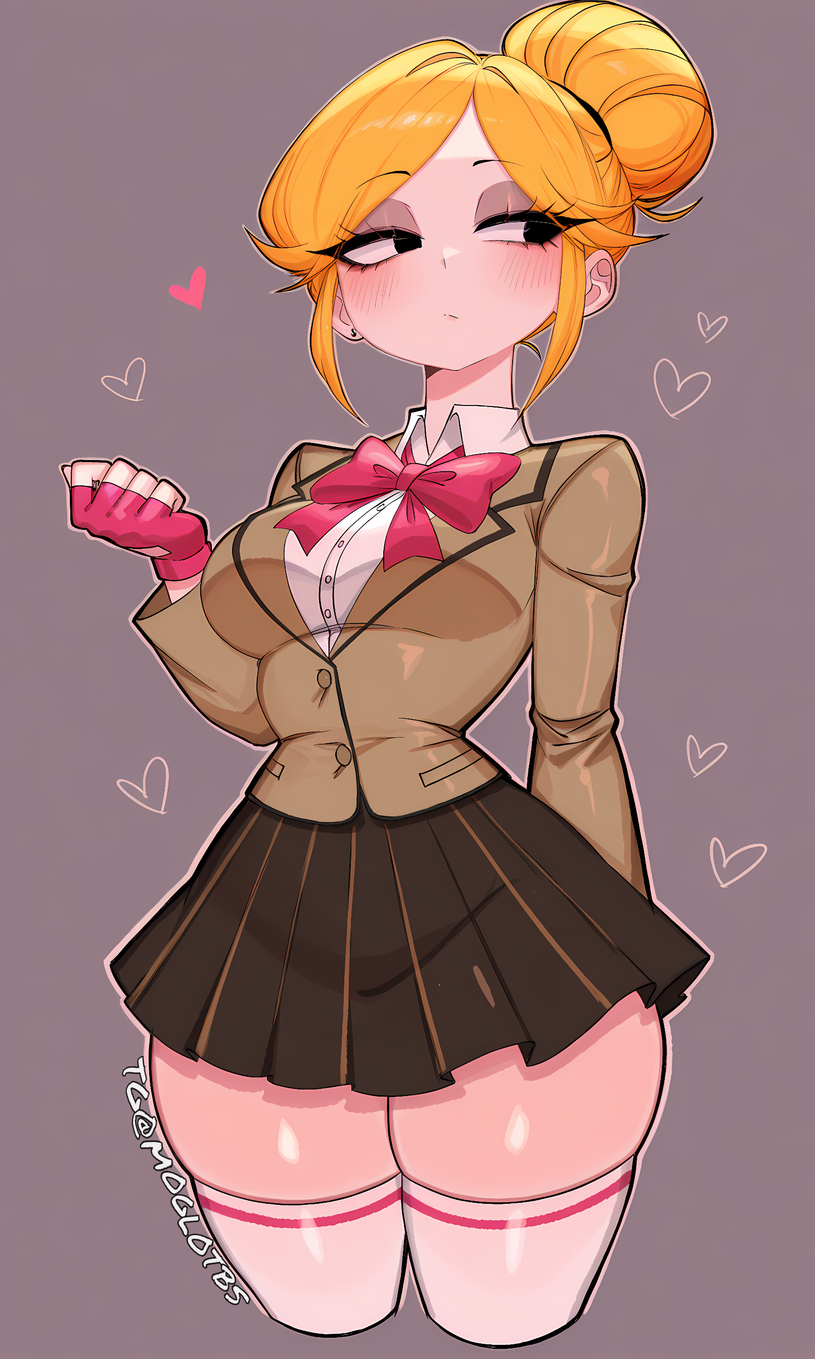 ai assisted, ai generated, blonde hair, brawl stars, breasts, cosplay, female, hair bun, medium breasts, moglotbs, piper (brawl stars), school uniform, skirt, supercell, tagme, thick thighs, thighhighs, white thighhighs
