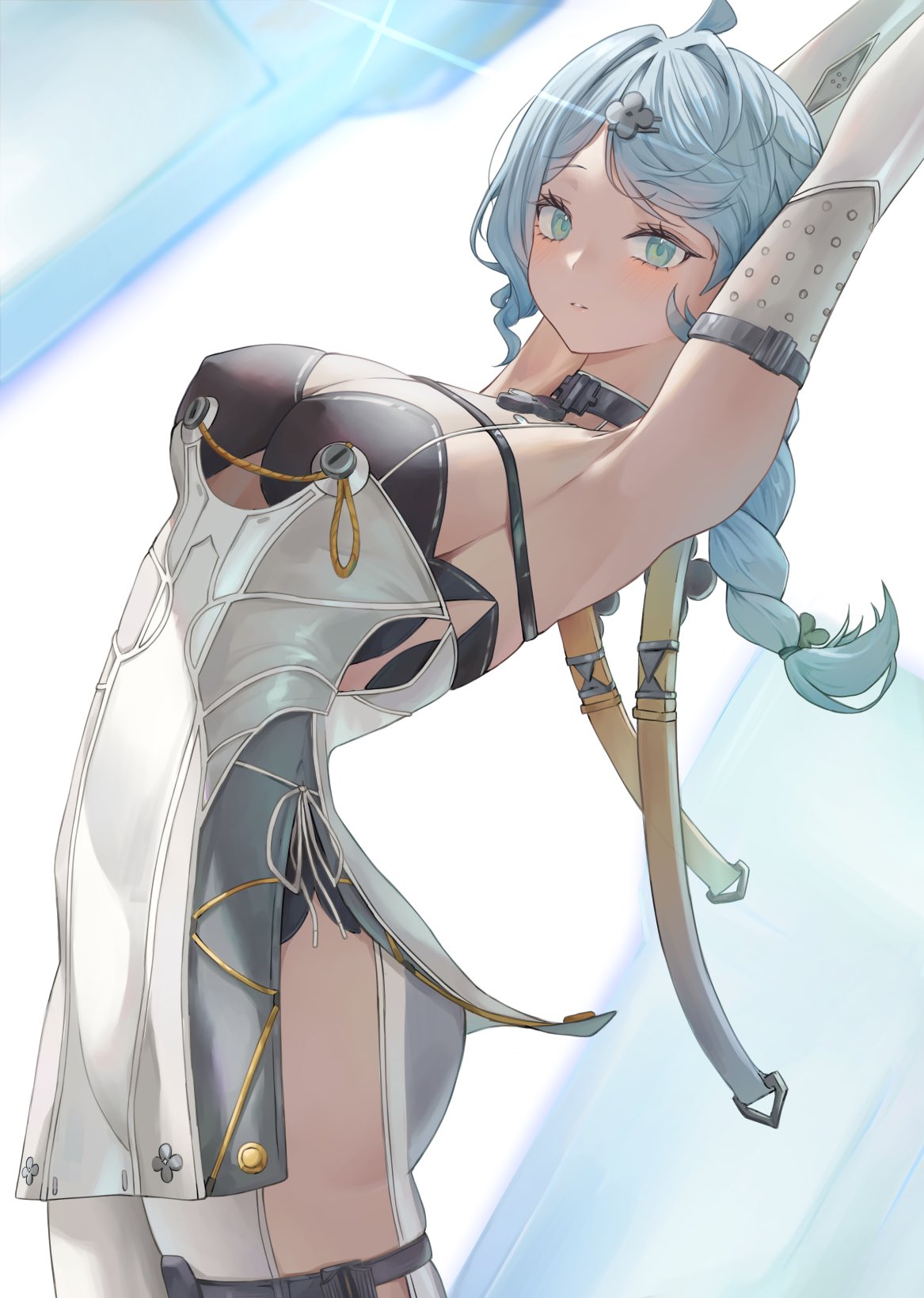 1girls, aqua eyes, armpits, blue hair, braid, breasts, clothing cutout, commentary, dress, elbow gloves, female, female only, from side, gloves, grey dress, hair ornament, highres, long hair, looking at viewer, medium breasts, parted lips, renge (730), seed (zenless zone zero), side cutout, simple background, sleeveless, sleeveless dress, solo, spaghetti strap, thigh cutout, zenless zone zero