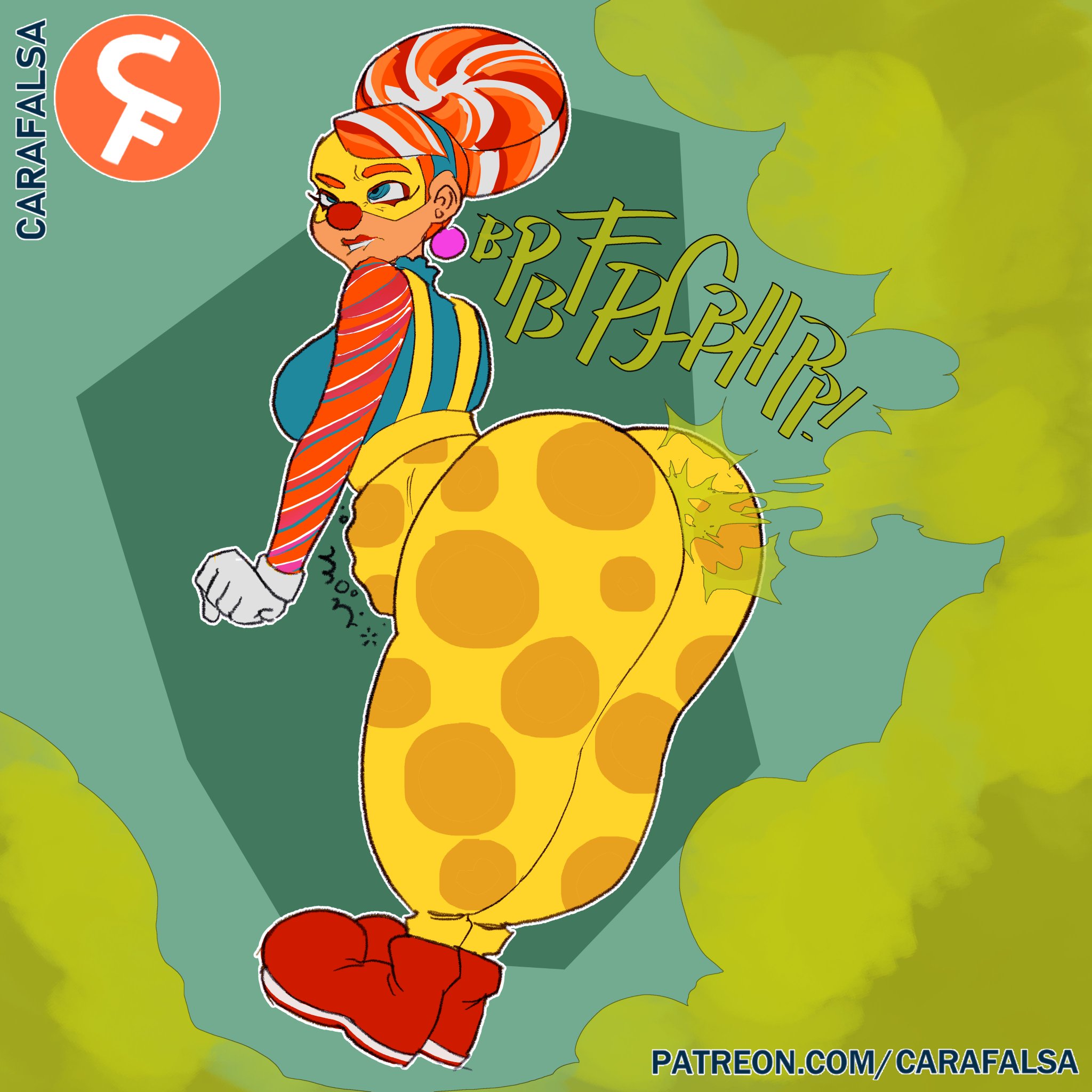 arms (game), ass, big ass, biting lip, bubble ass, bubble butt, candy, carafalsa, clown, clown girl, clown makeup, clown nose, fart, fart cloud, fart fetish, farting, female, female only, gassy, grey background, huge ass, lola pop, nintendo, onomatopoeia, solo female, suspenders, text, thick ass, thick thighs, white panties