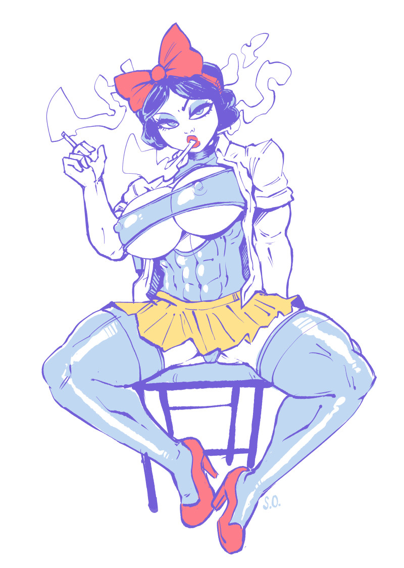 1girls, abs, breasts, cigarette, corrupted, corruption, disney, disney princess, eyeshadow, female, female only, high heels, latex, lipstick, makeup, miniskirt, nipples, nipples visible through clothing, revealing clothes, seepingooze, short skirt, sitting, six pack, sketch, skirt, smoking, snow white (disney), snow white and the seven dwarfs (1937 film), spread legs, student, thighhighs, unbuttoned shirt