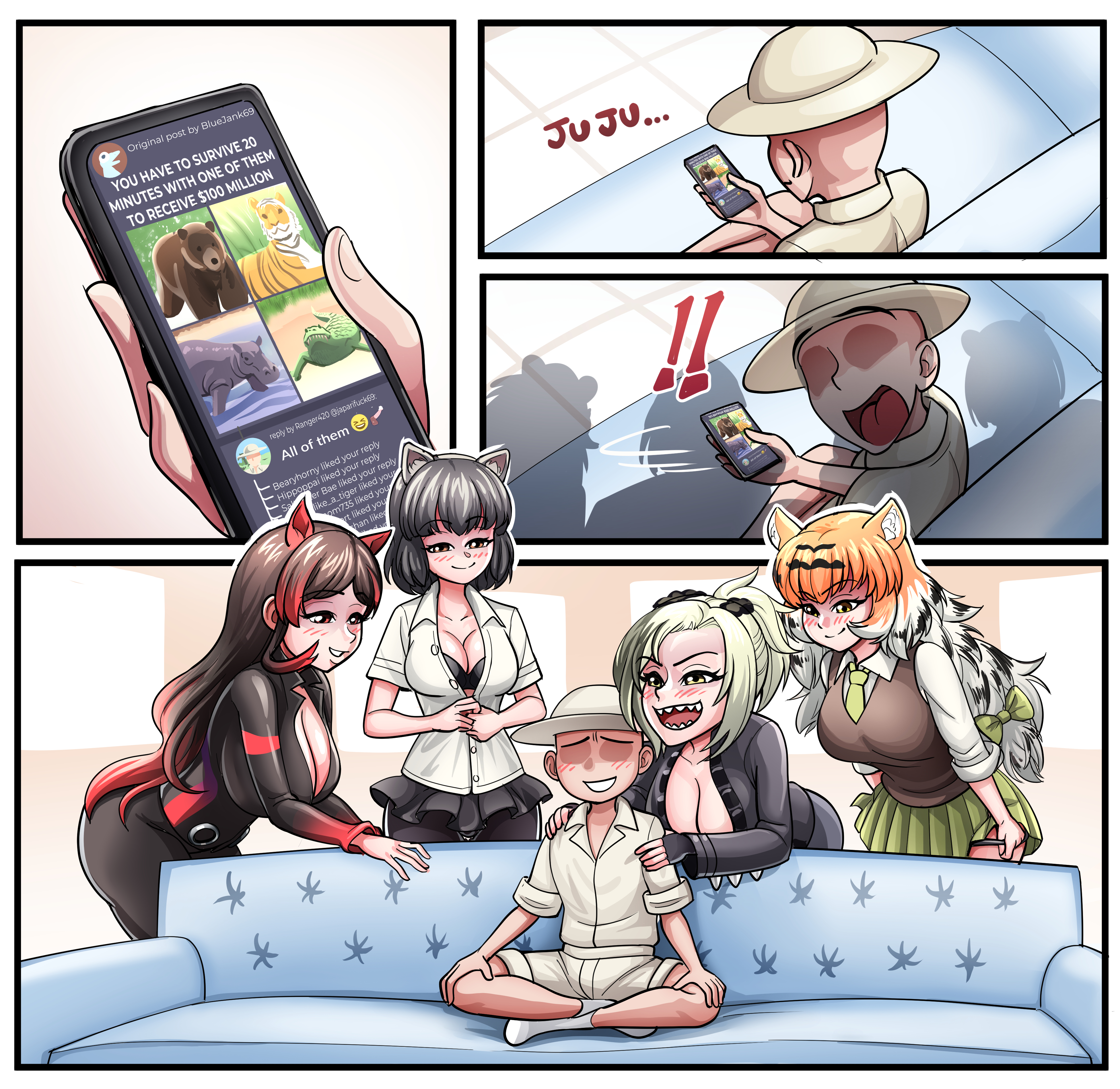 1boy, 1boy4girls, 4girls, animal ears, animal girl, anonymous male, bear, black hair, bodysuit, bra, breasts, brown bear (kemono friends), cleavage, commission, commission art, commissioner upload, crocodile, crocodilian, cuuki0, emoji, female, gloves, grabbing, grabbing from behind, grabbing shoulders, gradient hair, green eyes, green hair, grin, grinning, grinning at partner, hair ribbon, hat, hippopotamus, hippopotamus (kemono friends), horny, horny face, horny female, huge ass, huge breasts, imminent rape, imminent sex, kemono friends, kemonomimi, large breasts, leaning forward, leather, leather jacket, long hair, looking at smartphone, looming, looming over, male, necktie, nervous, nervous smile, open mouth, orange eyes, orange hair, pantyhose, piper perri surrounded, pointy teeth, pulling down panties, pulling panties, red hair, safari hat, safari jacket, saltwater crocodile (kemono friends), shadow, shadows, shirt, shitpost, shocked, shocked expression, short hair, shorts, siberian tiger (kemono friends), sitting, sitting cross legged, sitting on sofa, skirt, smartphone, smile, smiling, smiling at partner, socks, sofa, spiked clothing, spikes, tagme, tiger, tiger stripes, turning around, turning head, tweet, twitter, unbuttoned shirt, unbuttoning, undressing, undressing self, white hair, yellow eyes