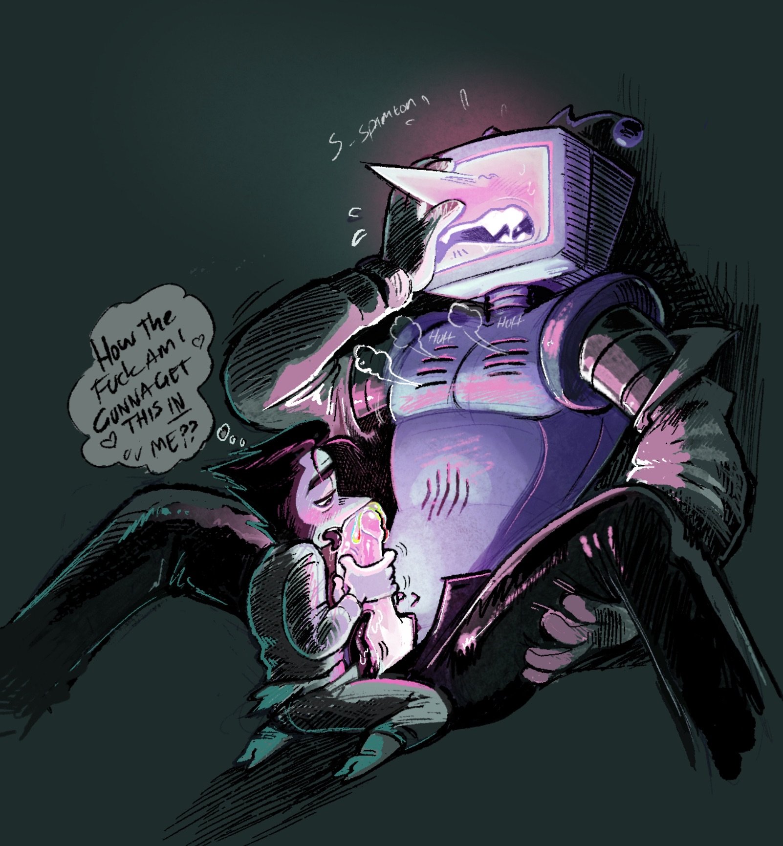 2boys, blowjob, blush, deltarune, deltarune chapter 3, half-dressed, male, male/male, obagams, size difference, size play, smaller male, spamton g spamton, tenna (deltarune), yaoi