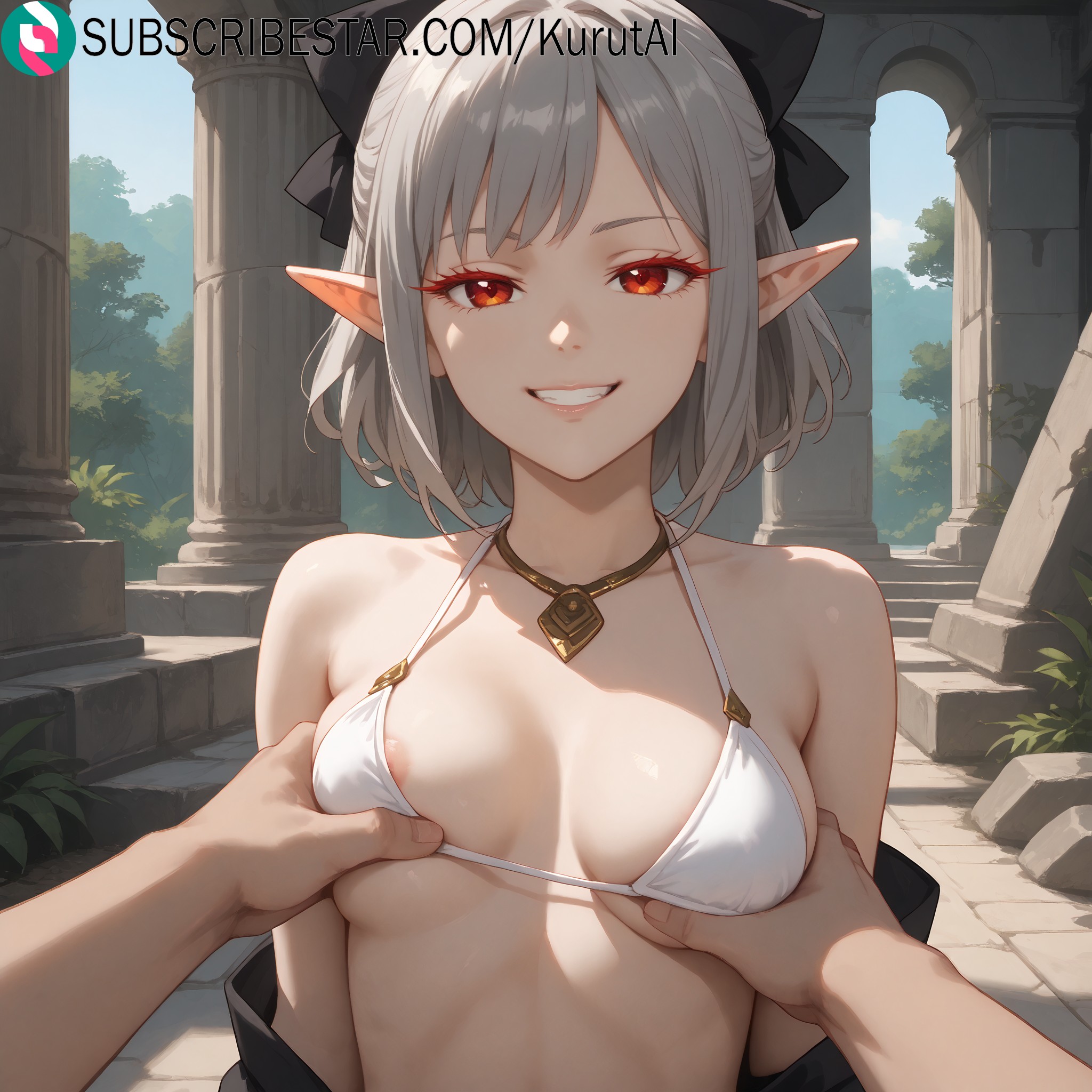 1boy, 1girls, ai generated, apocalypse bringer mynoghra, areola slip, artist name, artist signature, atou, atou the sludge, bare shoulders, bikini, black bow, bow, breasts, elf, female, grabbing, grabbing another's breast, grey hair, grin, hairbow, hi res, high resolution, highres, isekai mokushiroku mynoghra:hametsu no bunmei de hajimeru sekai seifuku, jewelry, kurutai, looking at viewer, male, medium breasts, necklace, odei no atou, outdoors, pointy ears, pov, red eyes, short hair, smile, solo focus, straight, subscribestar, subscribestar username, swimsuit, uncensored, white bikini