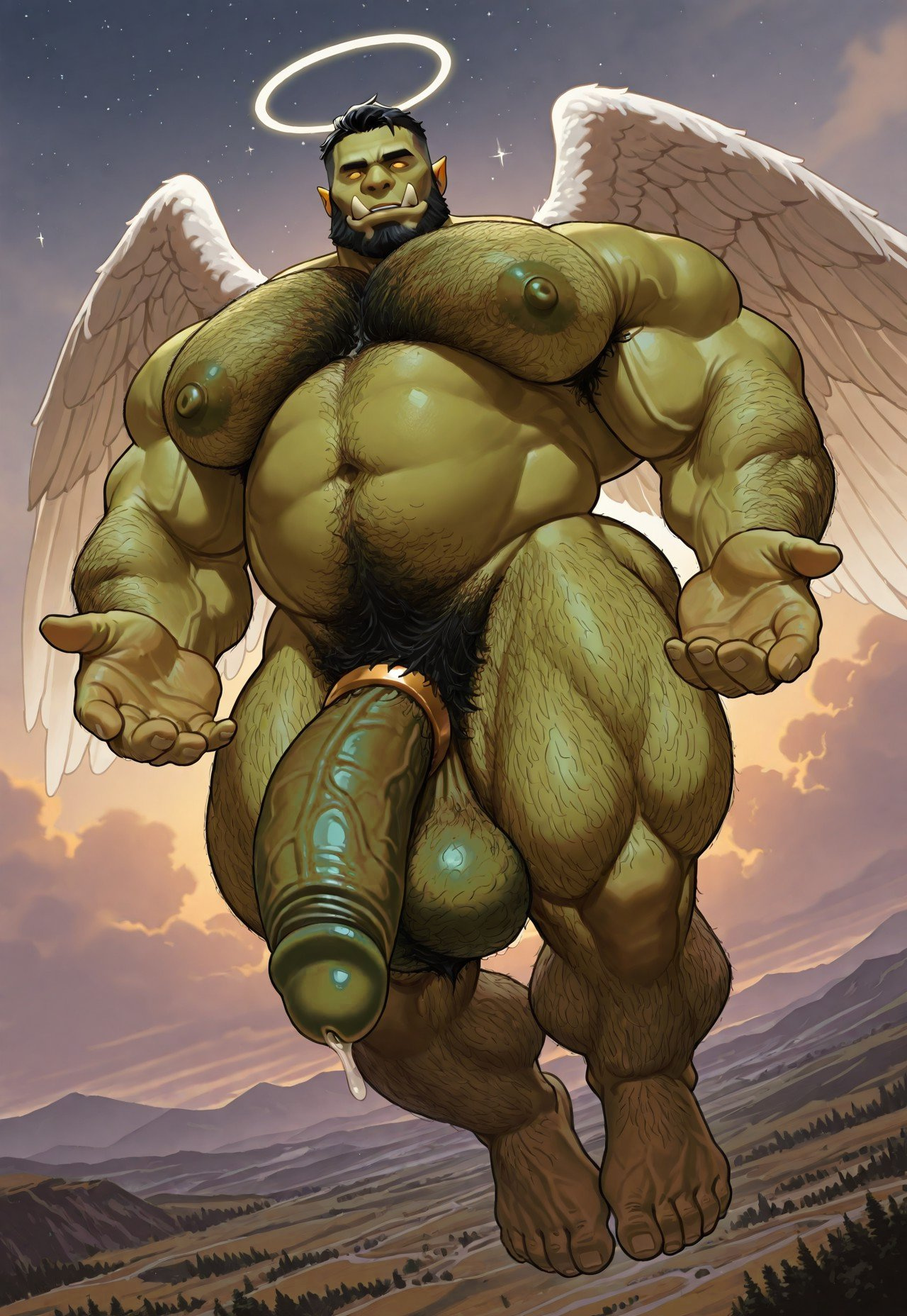 ai generated, angel, angel wings, ass, bara, big dick, big penis, cock ring, floating, gay, hairy, hairy male, hairy penis, halo, male, male only, moobs, muscular, orc, penis, tessaiisan, yaoi, yellow eyes