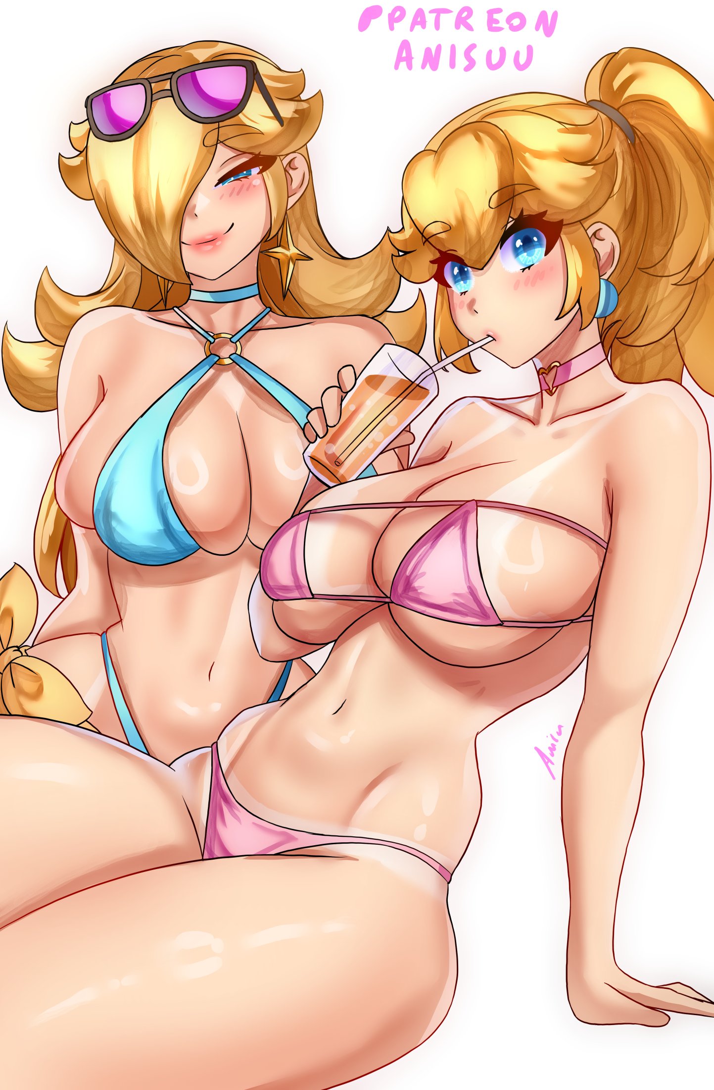 2girls, alternate costume, anisdrawn, bare shoulders, bikini, blonde hair, blue bikini, blue choker, blue eyes, blush, bow, breasts, choker, cleavage, closed mouth, collarbone, cup, drink, drinking glass, drinking straw, earrings, eyewear on head, female, female only, hair over one eye, highres, holding, holding cup, jewelry, large breasts, long hair, looking at viewer, mario (series), multiple females, multiple girls, navel, nintendo, pink bikini, pink choker, ponytail, princess peach, princess rosalina, simple background, sisters, smile, sphere earrings, star (symbol), star earrings, stomach, sunglasses, swimsuit, tan, tanline, tinted eyewear, underboob