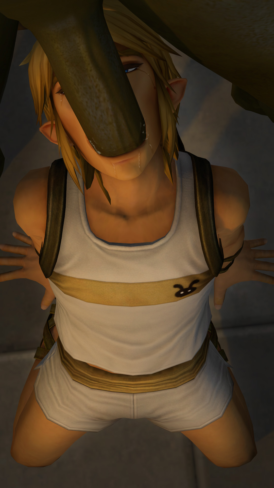 3d, 3d (artwork), big penis, blowjob, boner, erection, femboy, ganondorf, gay, green skin, hyrule warriors, link, link (hyrule warriors), male, male only, onyx1886, oral, penis, size difference, sword swallowing position, the legend of zelda, throat swabbing, uncensored, upside-down, yaoi