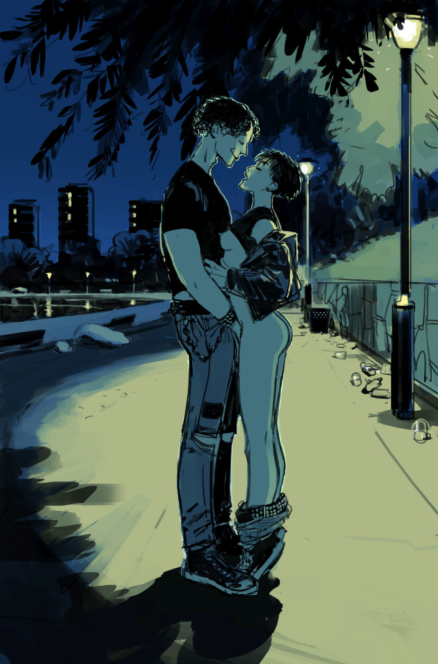 ass, au (artist), black hair, breasts, breasts out, buildings, clothed male nude female, clothed male partially nude female, dominant male, erect nipples, female, leather jacket, lightpost, looking at partner, looking pleasured, natalia (au), nude female, on toes, pants around ankles, pants down, public nudity, shirt lift, sky, skyline, small breasts, street, studded belt, submissive female, trees, undressed, wallet chain
