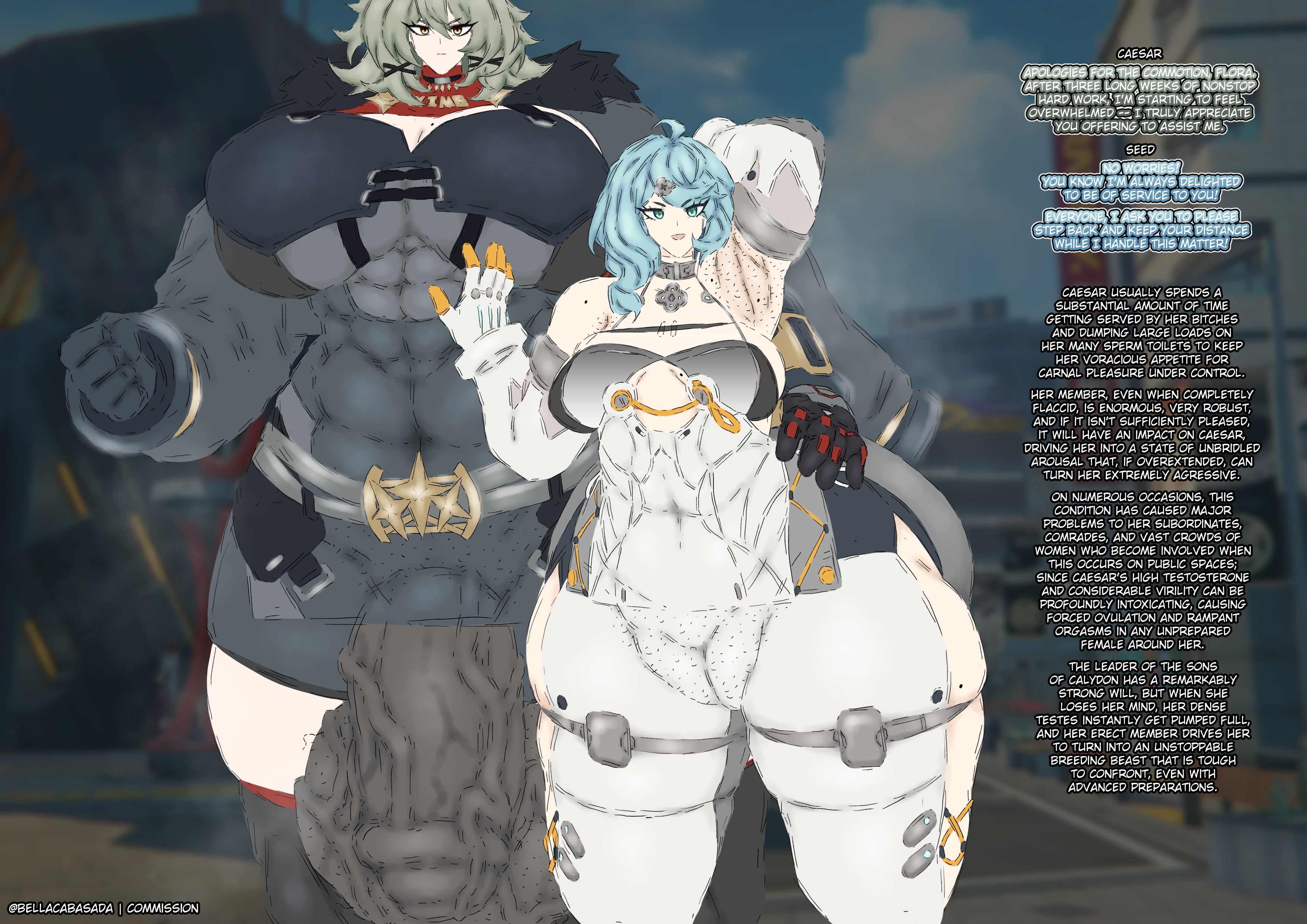1futa, 1girls, abs, armpit stubble, bellacabasada, breasts, caesar king, dialogue, duo, female, futanari, gigantic breasts, gigantic penis, huge breasts, huge cock, intersex, muscular, muscular futa, penis, seed (zenless zone zero), standing, stubble, text, veiny penis, voluptuous, zenless zone zero