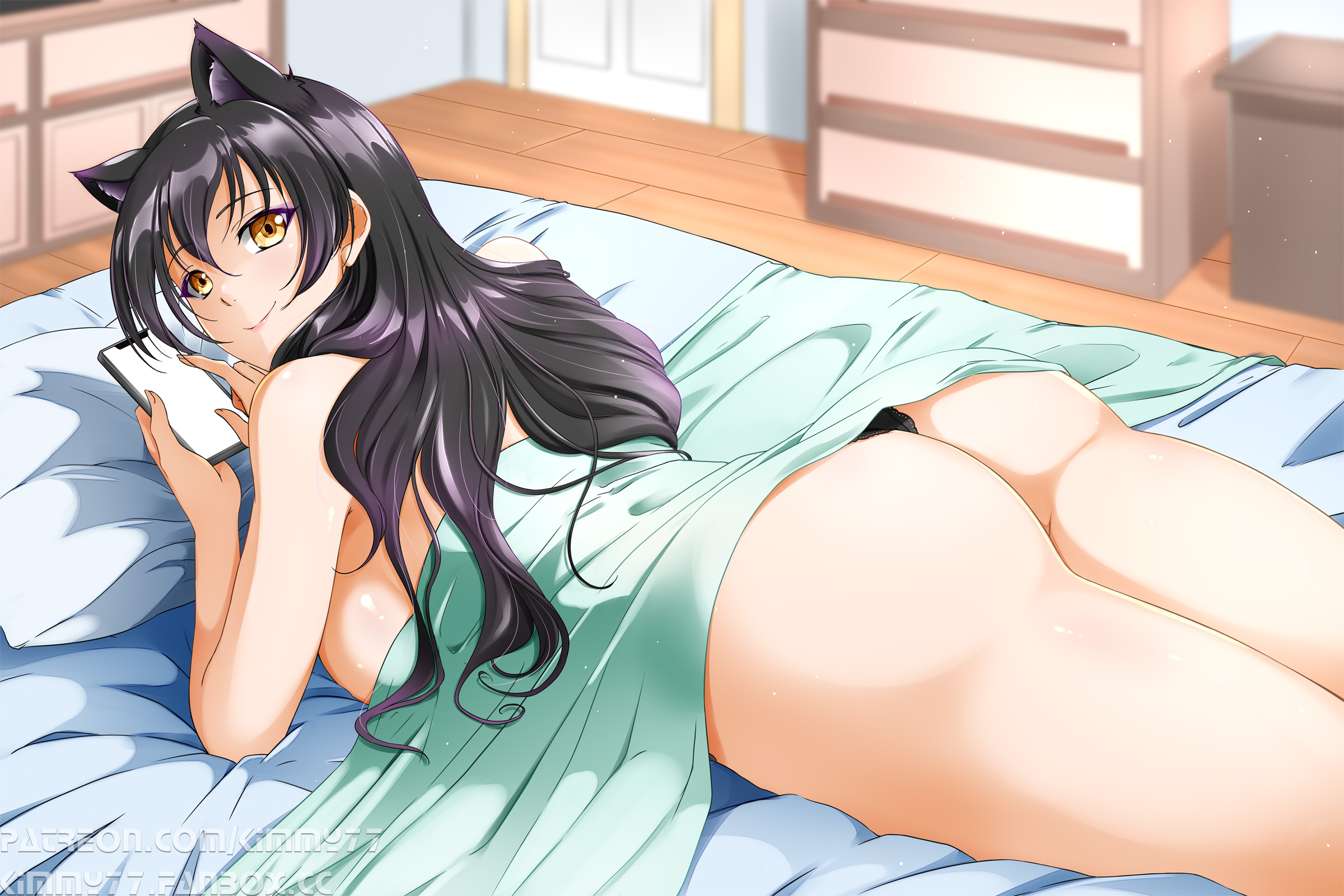 1girls, animal ears, ass, ass focus, bed, bed sheet, big ass, big breasts, black hair, blake belladonna, blanket, breasts, cat ears, cat girl, cat tail, cellphone, closed mouth, clothing, faunus, female, female only, hair between eyes, holding, holding phone, huge ass, indoors, kimmy77, large breasts, light-skinned female, long hair, looking at viewer, looking back, lying, naked sheet, on bed, on stomach, panties, phone, pillow, rwby, sideboob, smartphone, smile, solo, tail, thighs, under covers, underwear, yellow eyes