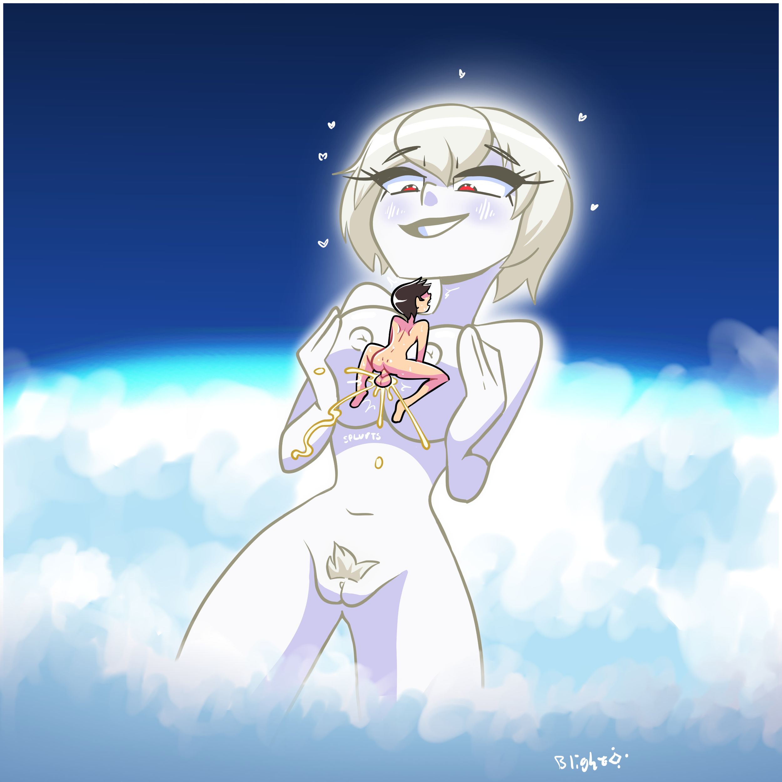 1boy, 1girls, blightstar, breasts, clouds, female, giantess, glowing, god, larger female, lilith (evangelion), lilith rei, male, male/female, neon genesis evangelion, paizuri, pubic hair, pushing breasts together, pussy, red eyes, shinji ikari, sky, smaller male, splurt, straight, tagme, technical incest, the end of evangelion, vagina, white skinned male