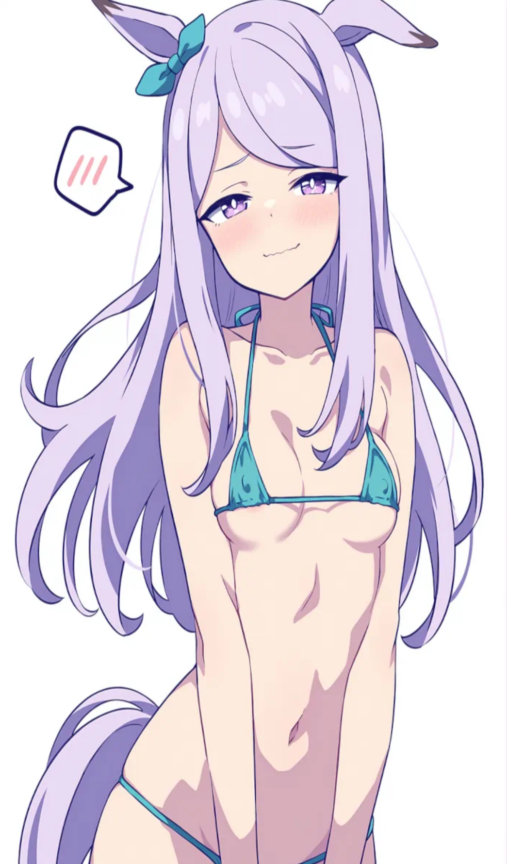 :], areolae peeking, belly, belly button, bikini, bikini only, blush, blushing at viewer, cute, cute face, cute female, female, female focus, female only, flat chest, flat chested, hips, horse, horse ears, horse girl, horse tail, looking at viewer, mejiro mcqueen (umamusume), nipple bulge, pale skin, pale-skinned female, petite, petite body, petite female, purple eyes, purple hair, sexy, sexy body, sexy female, skinny, skinny female, small breasts, solo, solo female, solo focus, tiny breasts, tummy, umamusume, umamusume pretty derby
