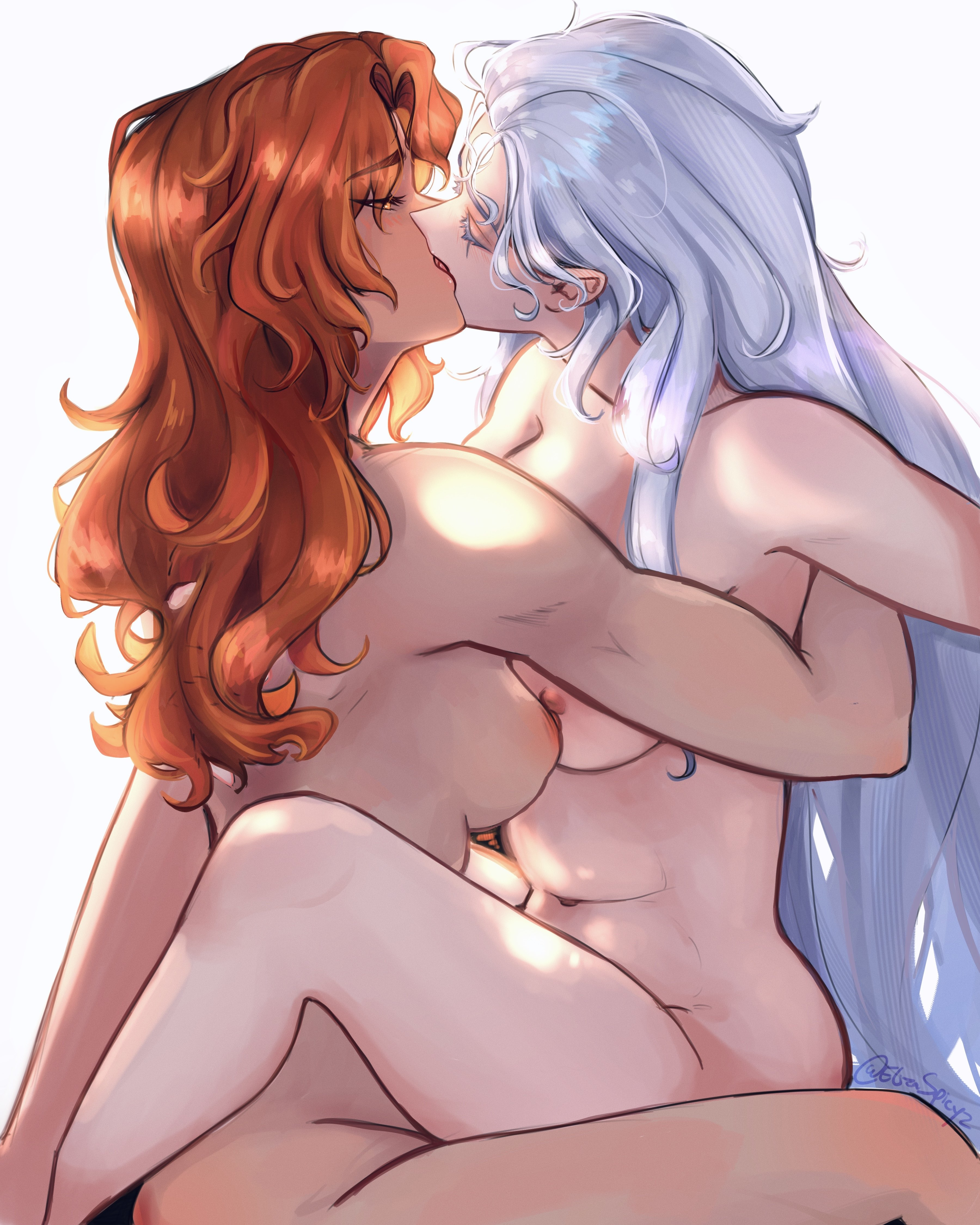 2girls, arm around partner, big breasts, breasts, diana (league of legends), elizalento, elizaspicy, female, french kiss, kissing, league of legends, legs wrapped around partner, leona (league of legends), long hair, navel, nipples, nude, nude female, orange hair, sitting down, tagme, very long hair, white hair, yuri