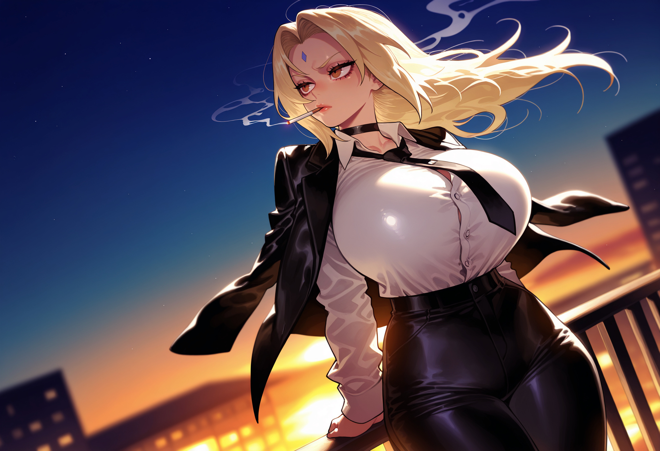 1girls, against railing, ai generated, balecxi, black choker, black jacket, black necktie, black pants, blonde hair, breasts, brown eyes, button gap, choker, cigarette, city, city lights, cityscape, closed mouth, clothing, collarbone, collared shirt, curvaceous, curvaceous female, curvaceous figure, curvy, curvy figure, dress shirt, dusk, evening, facial mark, female, female focus, female only, floating hair, forehead jewel, forehead mark, formal, gradient sky, high-waist pants, huge breasts, jacket, jacket on shoulders, large breasts, lips, lipstick, long hair, long sleeves, looking to the side, makeup, mature female, mouth hold, naruto, naruto (series), naruto shippuden, necktie, night, night sky, outdoors, pants, railing, shirt, shirt tucked in, sky, smoke, smoking, solo, star (sky), sunrise, sunset, taut clothes, taut shirt, tented shirt, tight clothes, tight pants, tsunade, voluptuous, voluptuous female, white shirt, wide hips, wind